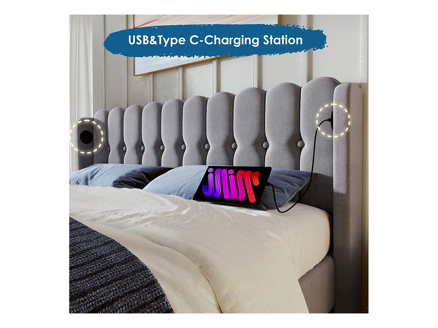 Letto matrimoniale con funzione di ricarica USB Type C, struttura in lino grigio, base in legno, 180x208x103cm