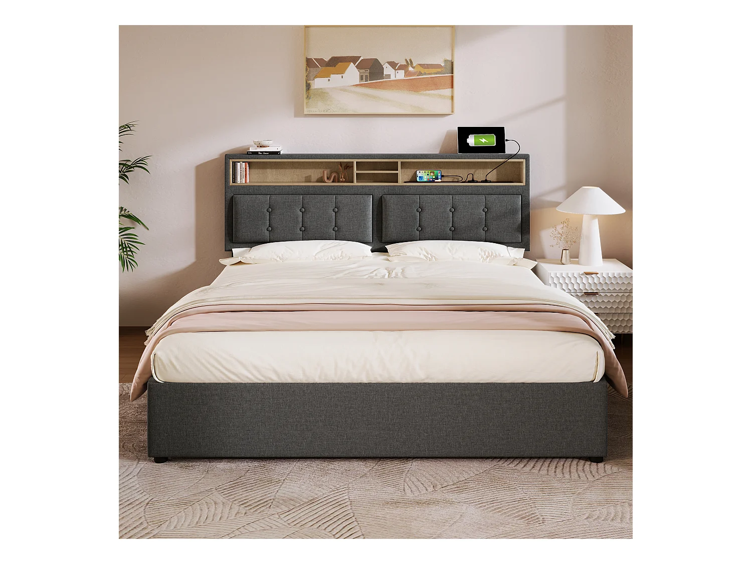 Lit double avec tête réglable, prise USB-C intégrée, rangement, lin gris (143x204x92 cm)