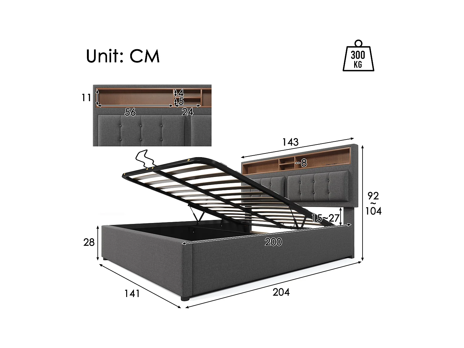 Lit double avec tête réglable, prise USB-C intégrée, rangement, lin gris (143x204x92 cm)