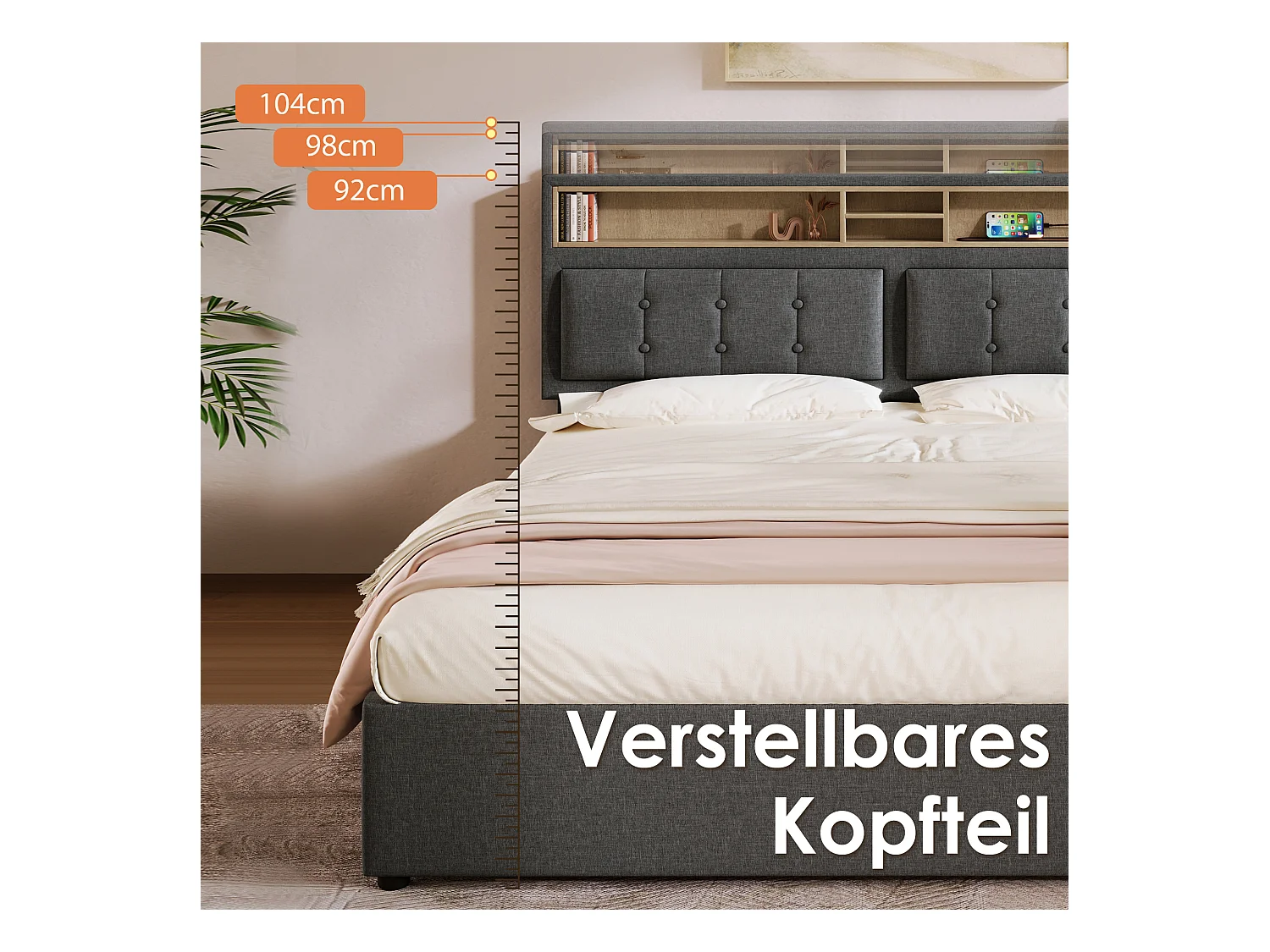 Lit double avec tête réglable, prise USB-C intégrée, rangement, lin gris (143x204x92 cm)