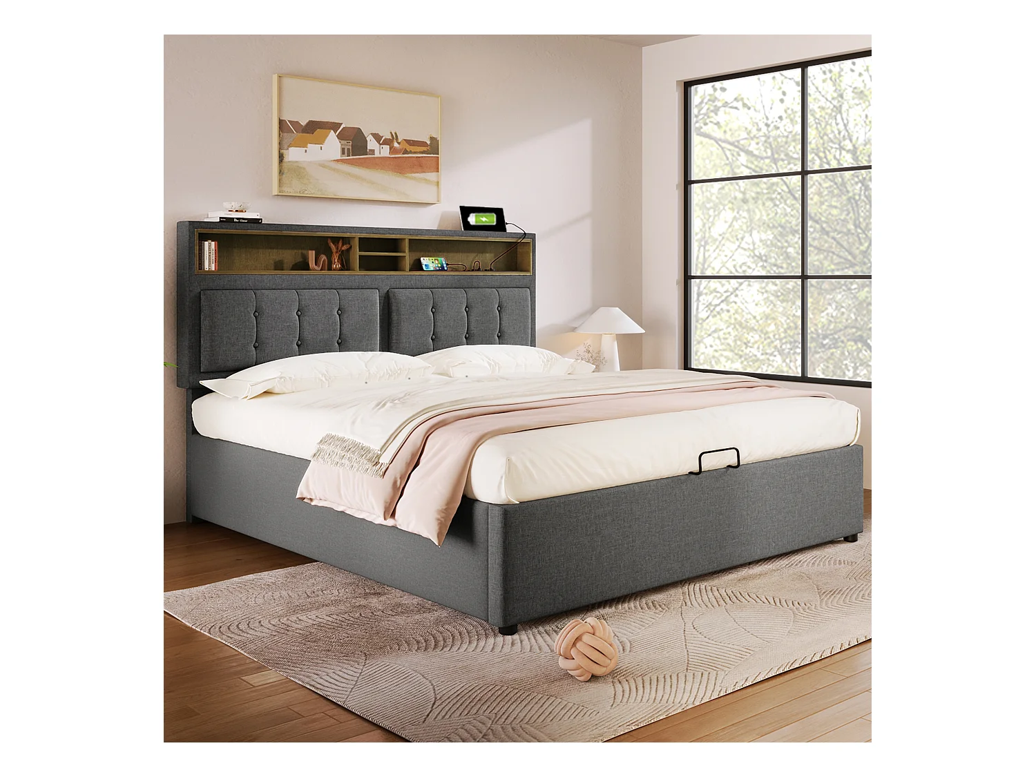 Lit double avec tête réglable, prise USB-C intégrée, rangement, lin gris (143x204x92 cm)