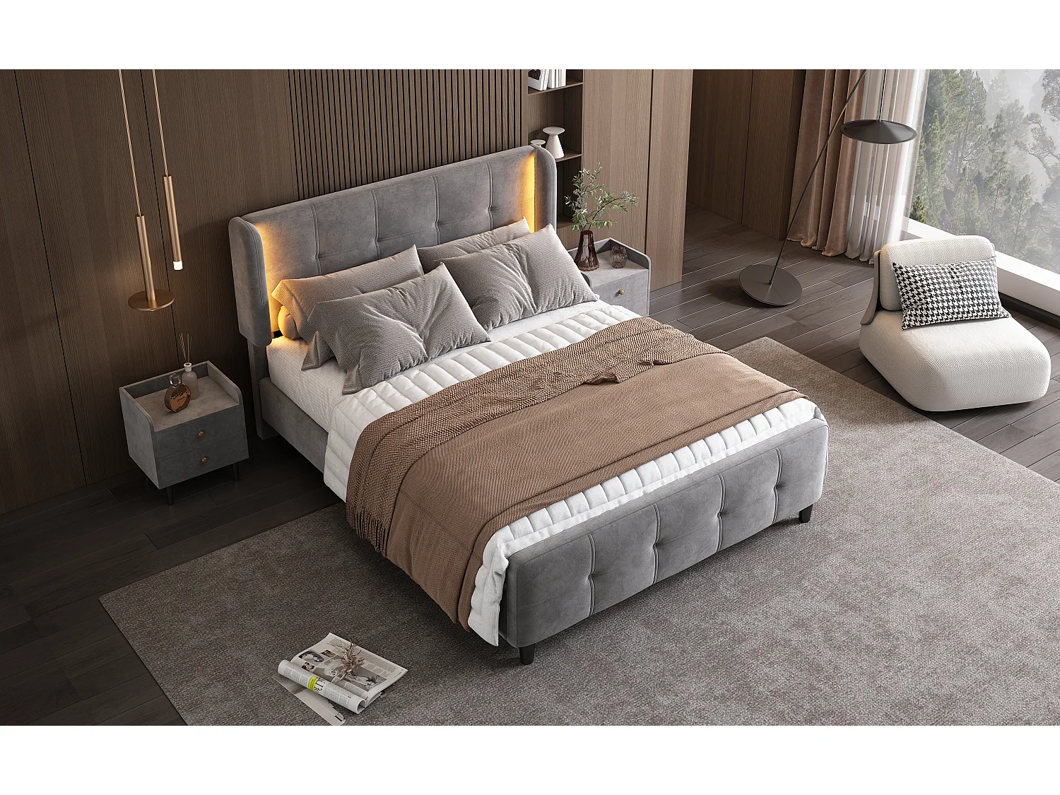 Cama doble con cajones de almacenaje, diseño moderno, cabecero de lino beige, carga USB Tipo-C, 140x200 cm (sin colchón)