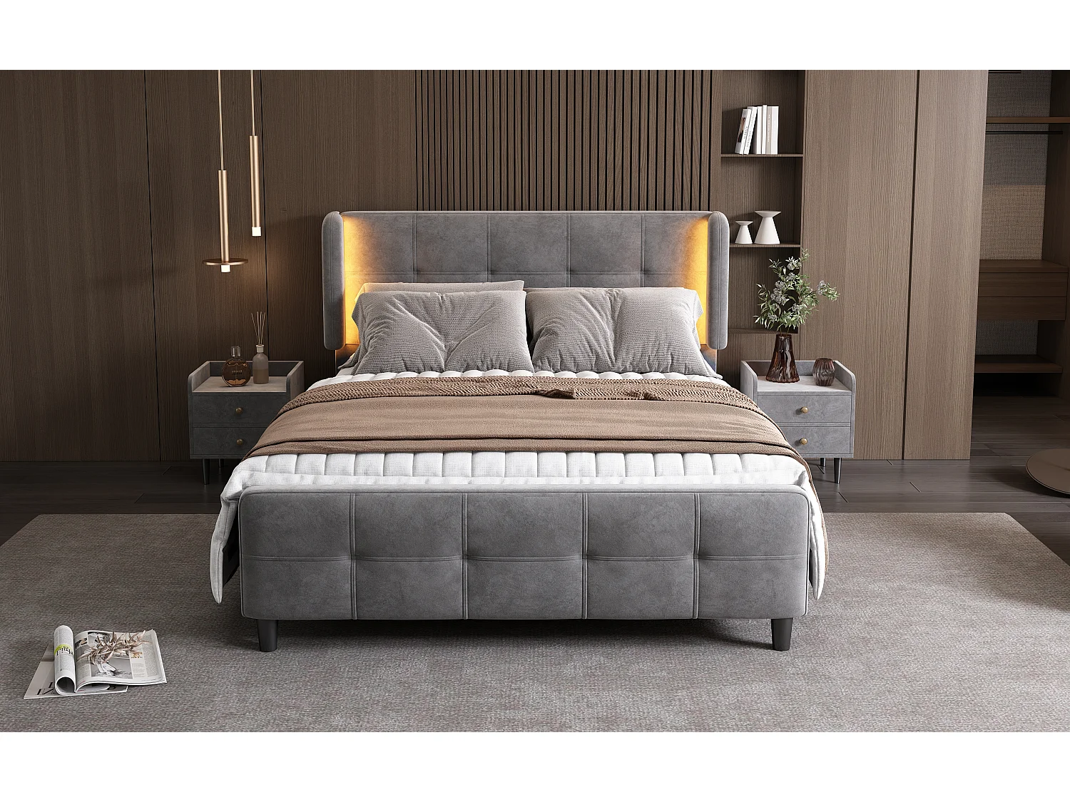 Cama doble con cajones de almacenaje, diseño moderno, cabecero de lino beige, carga USB Tipo-C, 140x200 cm (sin colchón)