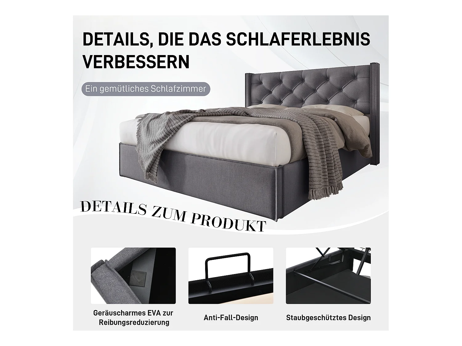 Lit double avec rangement hydraulique, cadre moderne en coton gris (203x151x110cm)