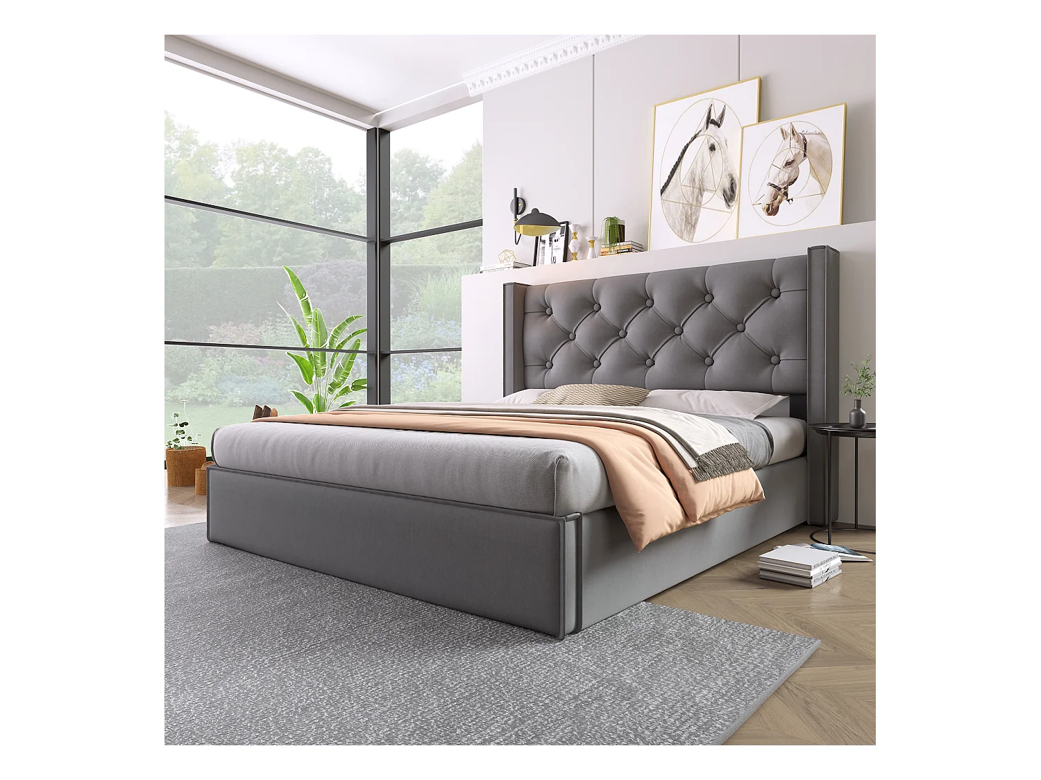Lit double avec rangement hydraulique, cadre moderne en coton gris (203x151x110cm)
