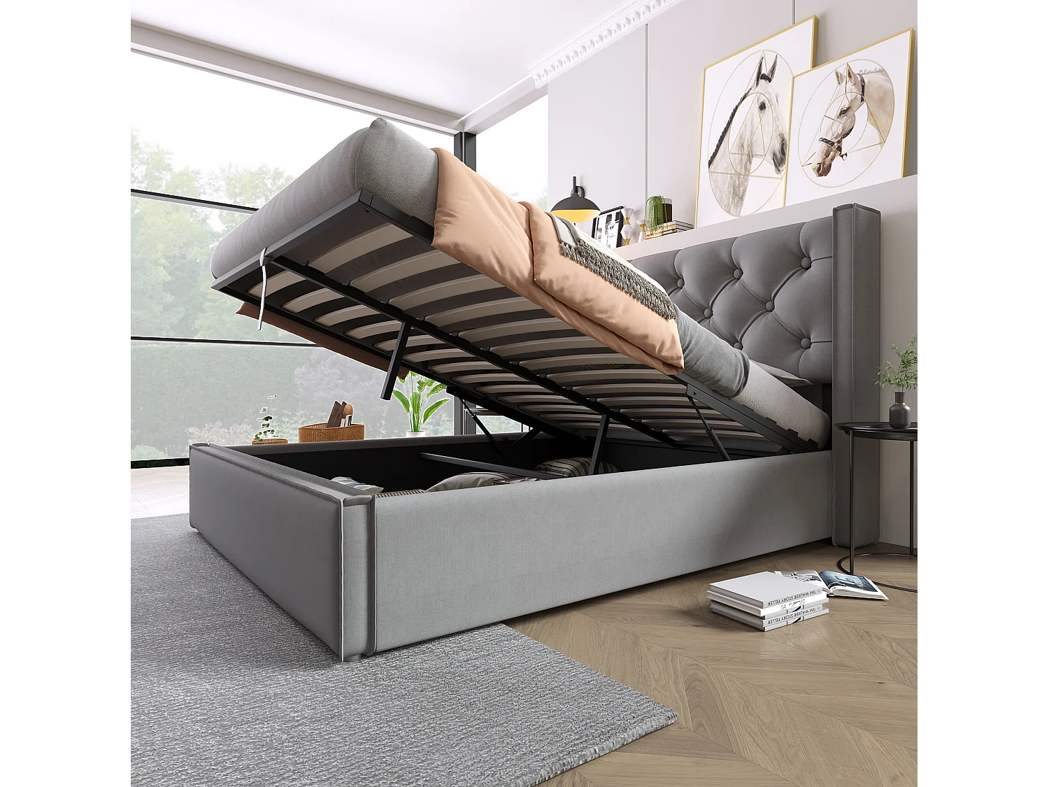 Lit double avec rangement hydraulique, cadre moderne en coton gris (203x151x110cm)