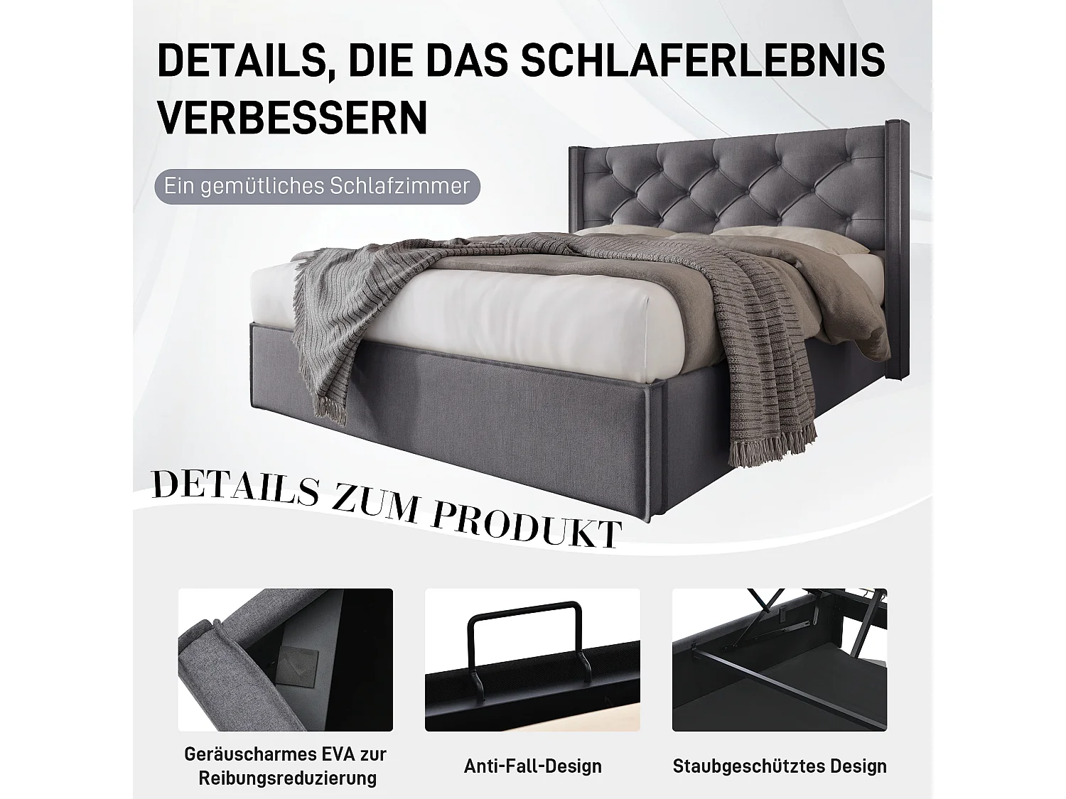 Letto matrimoniale con contenitore idraulico, struttura moderna in cotone grigio (203x151x110cm)