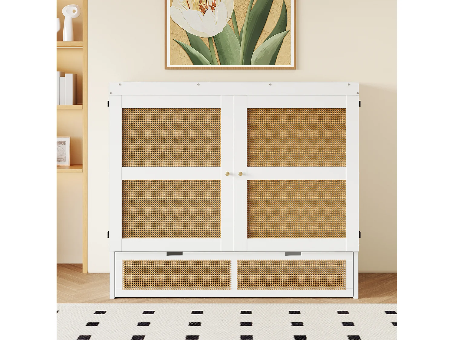 140x200 cm Murphy bed met lattenbodem, rotan design, met opberglades, hout en metaal, wit (202x145,5x120 cm)