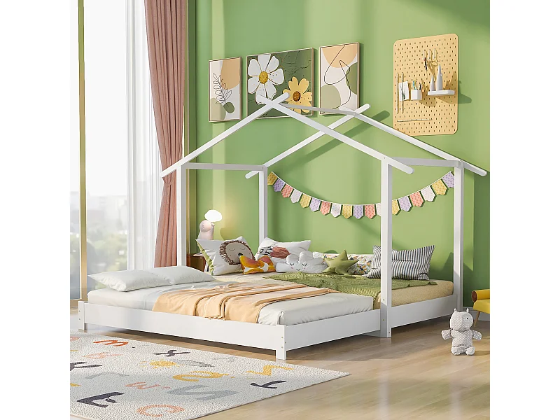 Lit maison enfant en bois massif, modulable avec sommier, blanc (198x184x160cm)