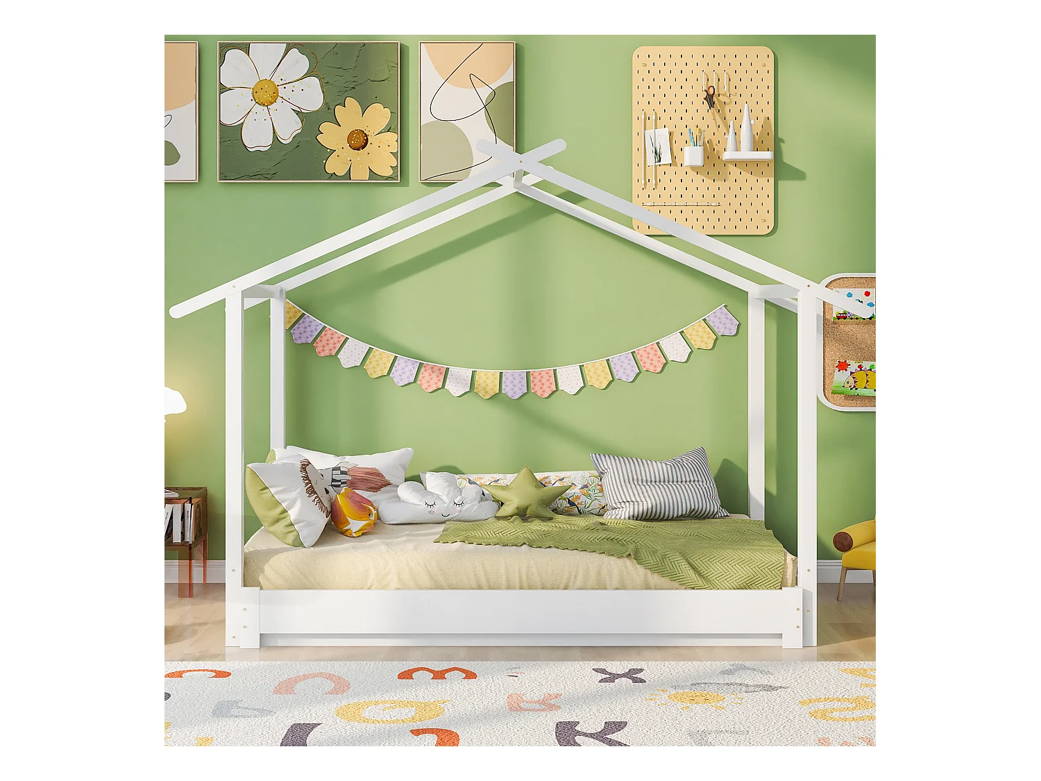 Lit maison enfant en bois massif, modulable avec sommier, blanc (198x184x160cm)