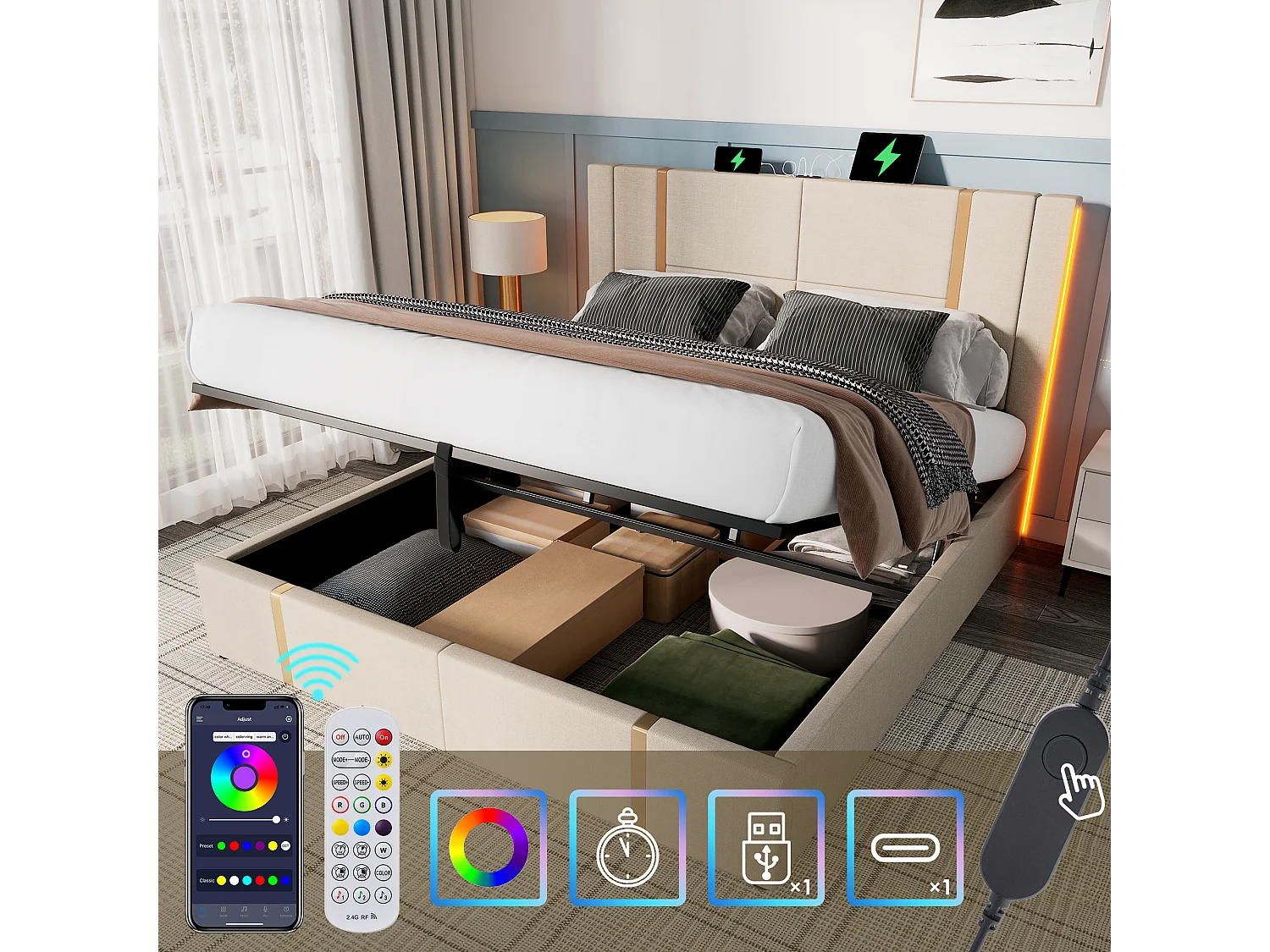 Lit double 180\200 cm, beige lin, avec rangement hydraulique, tête de lit USB Type-C et LED contrôlable par APP (sans matelas)