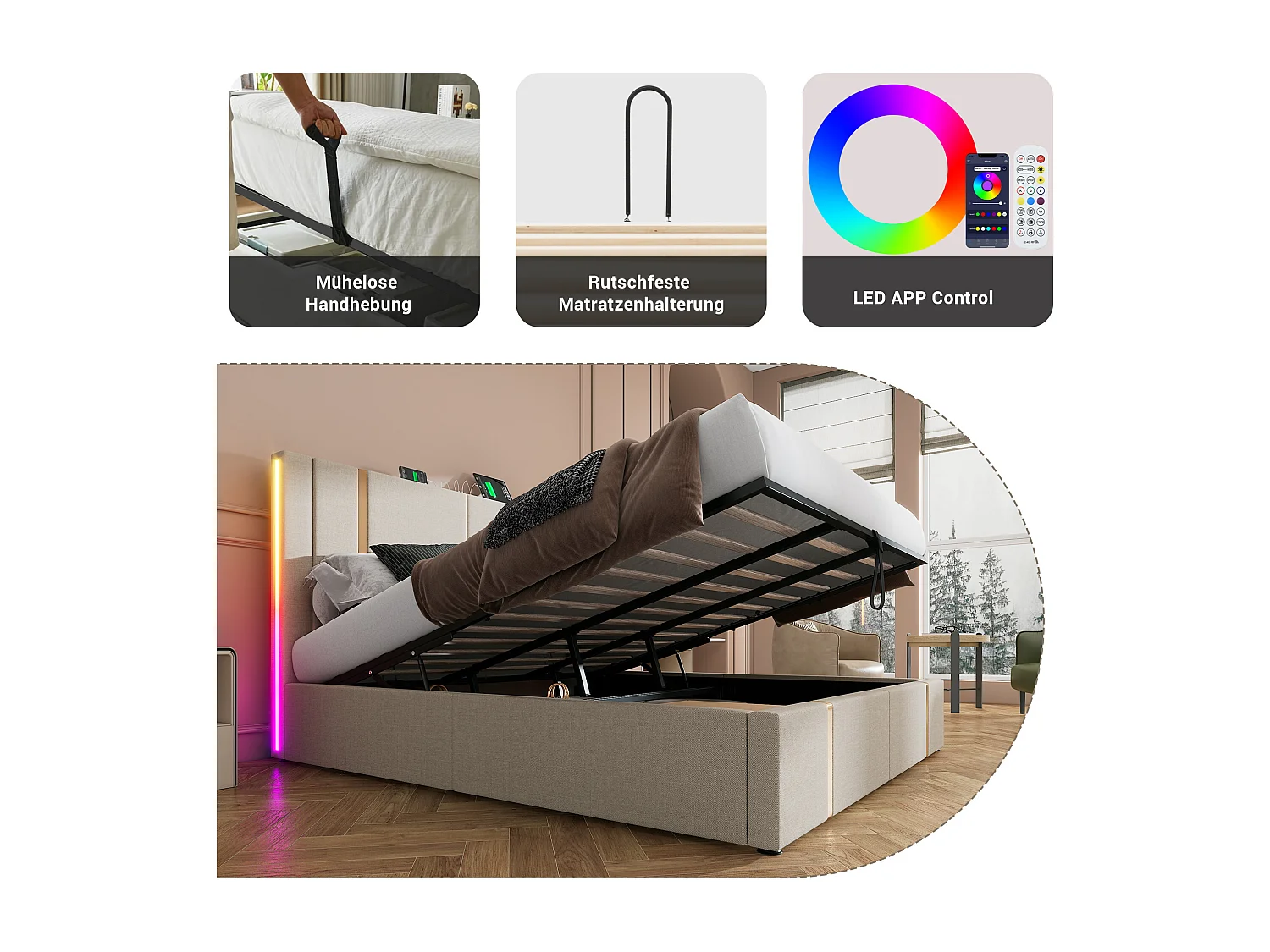 Lit double 180\200 cm, beige lin, avec rangement hydraulique, tête de lit USB Type-C et LED contrôlable par APP (sans matelas)