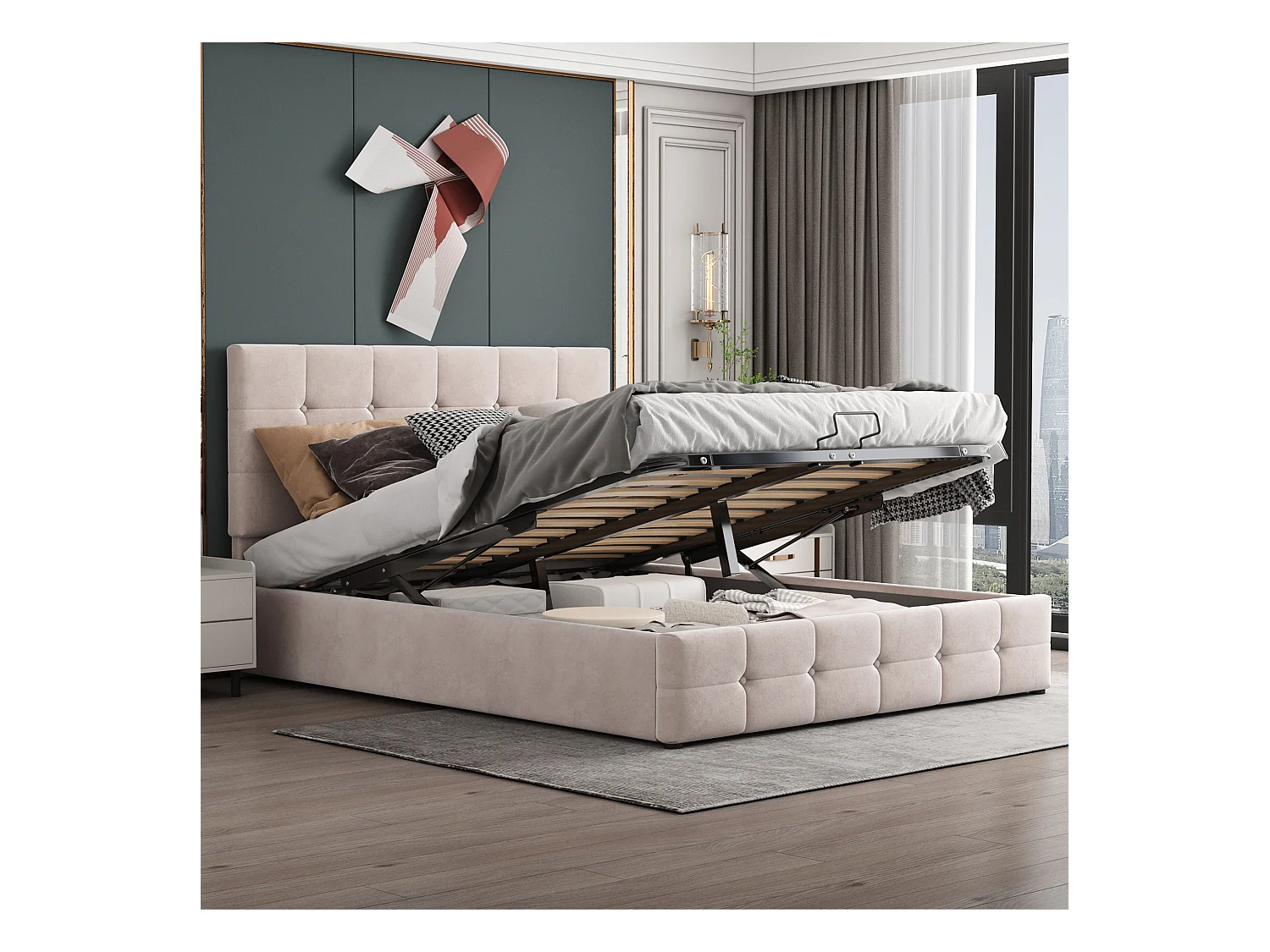 Cama de matrimonio 140x200 cm con canapé hidráulico, cabecero regulable, metal + terciopelo crema (203x140x106 cm)