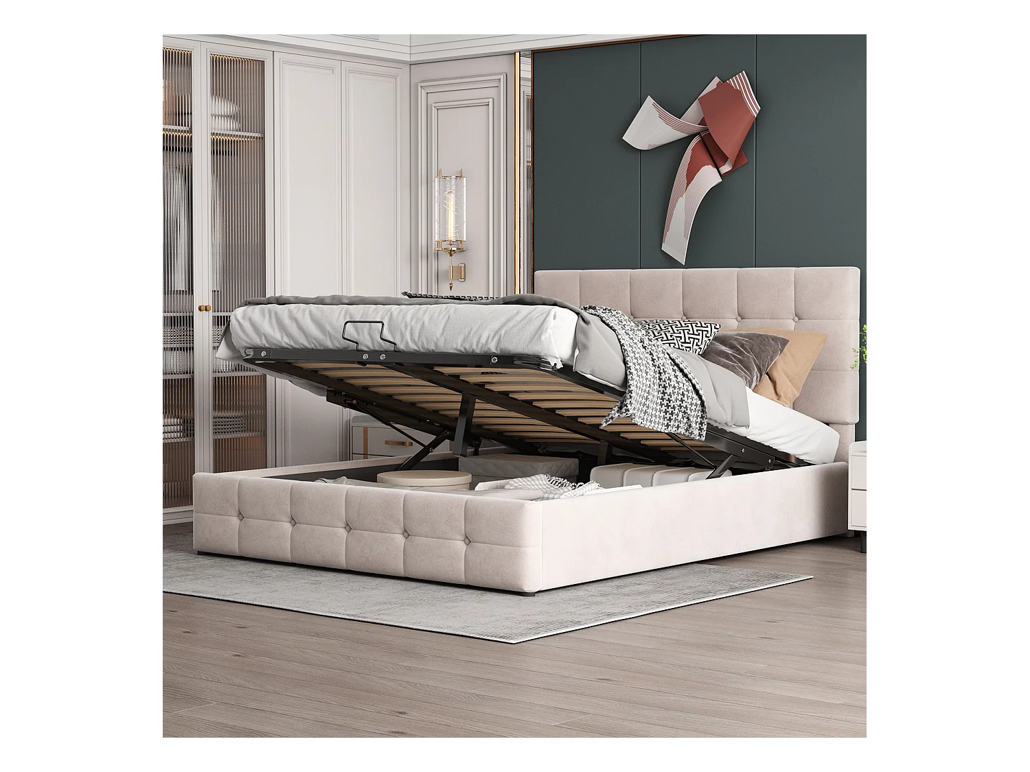 Cama de matrimonio 140x200 cm con canapé hidráulico, cabecero regulable, metal + terciopelo crema (203x140x106 cm)