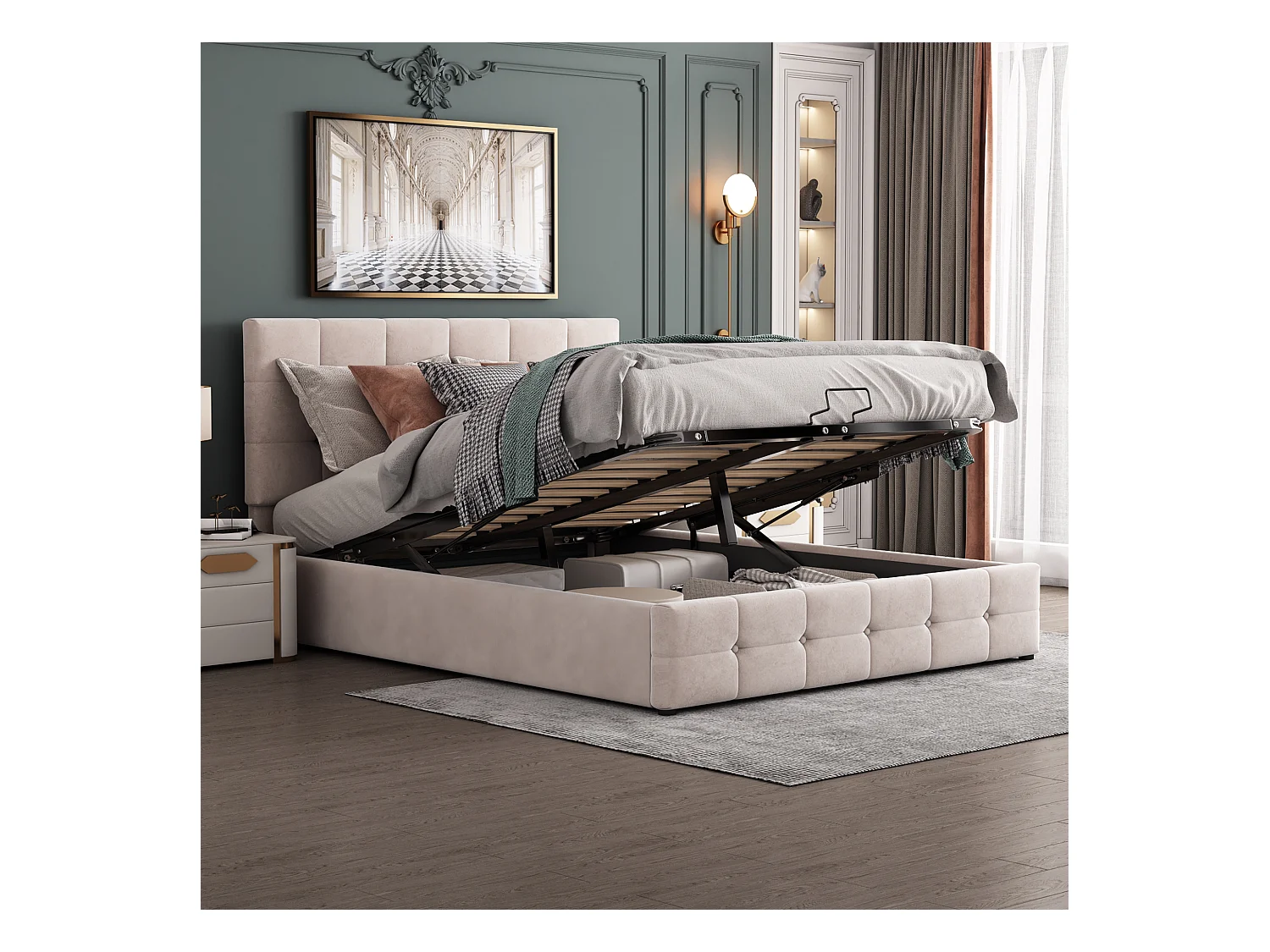 Cama de matrimonio 140x200 cm con canapé hidráulico, cabecero regulable, metal + terciopelo crema (203x140x106 cm)