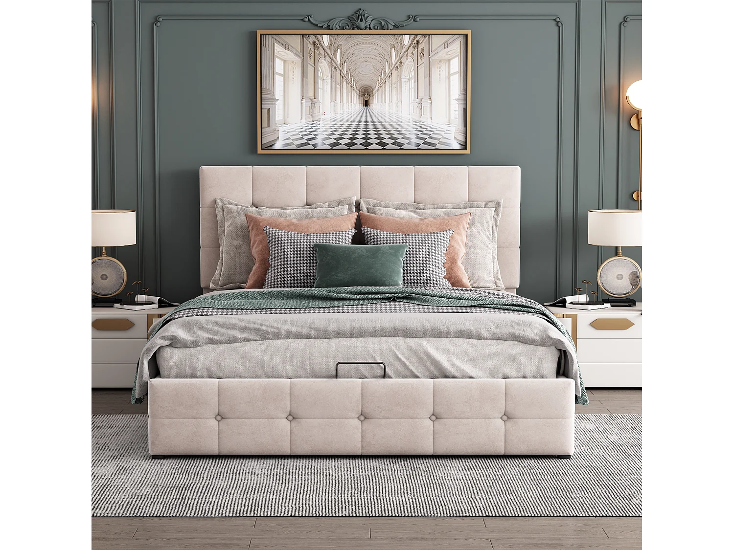 Cama de matrimonio 140x200 cm con canapé hidráulico, cabecero regulable, metal + terciopelo crema (203x140x106 cm)