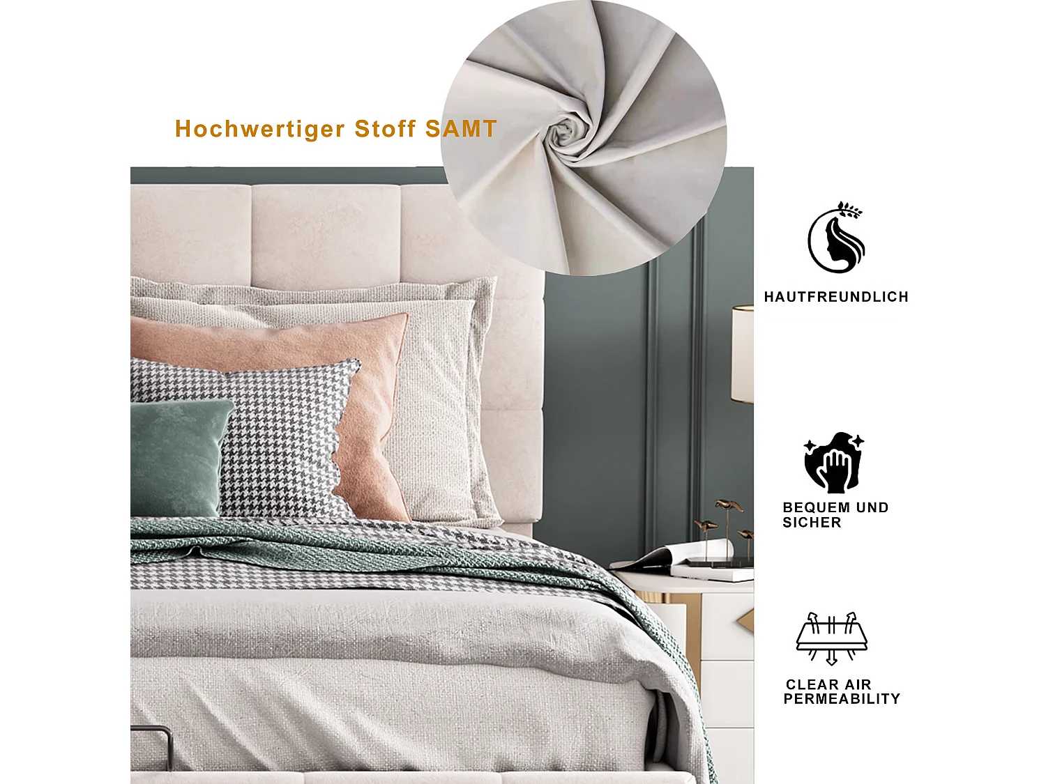 Lit double 140x200 cm avec espace de rangement hydraulique, tête de lit réglable, métal + velours crème (203x140x106 cm)