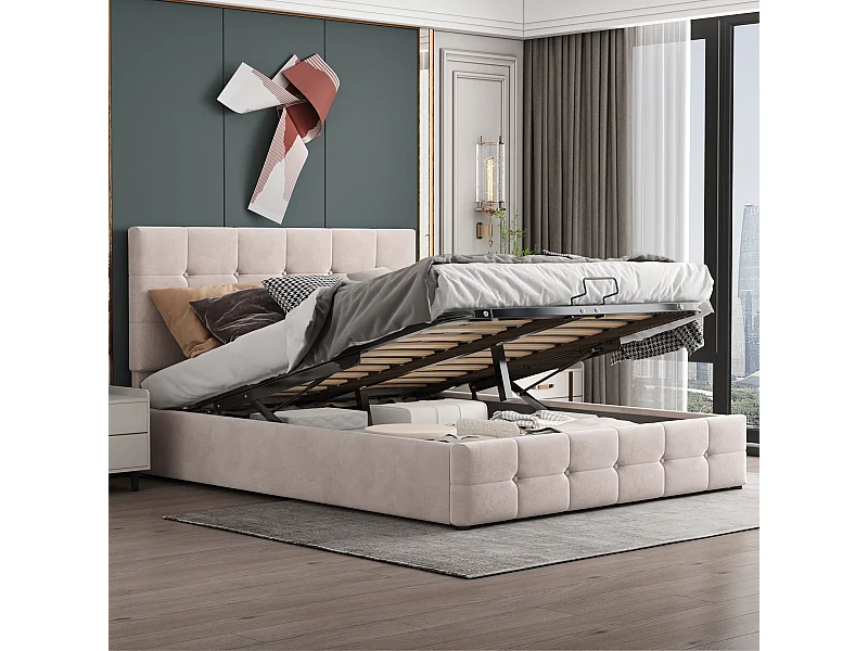 Letto matrimoniale 140x200 cm con contenitore idraulico, testiera regolabile, metallo + velluto crema (203x140x106 cm)