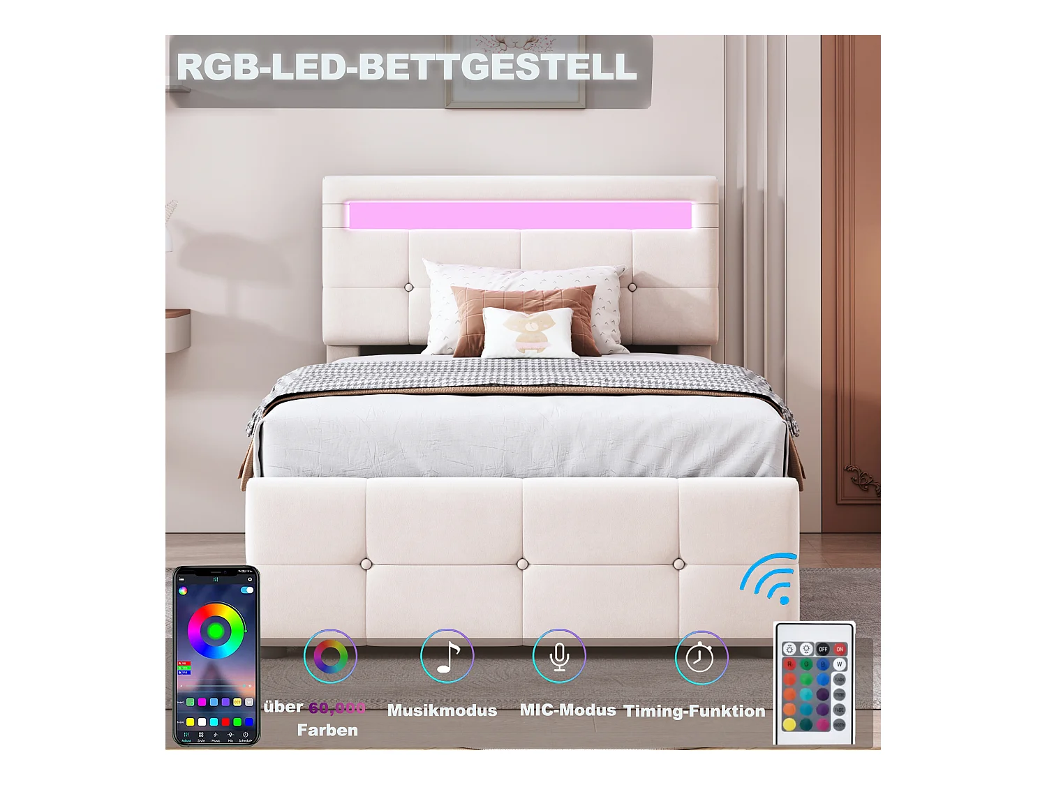 Lit enfant en velours 90x200 cm, éclairage LED, coffre hydraulique, tête de lit réglable, lit coffre simple, beige (203x90x105 cm)