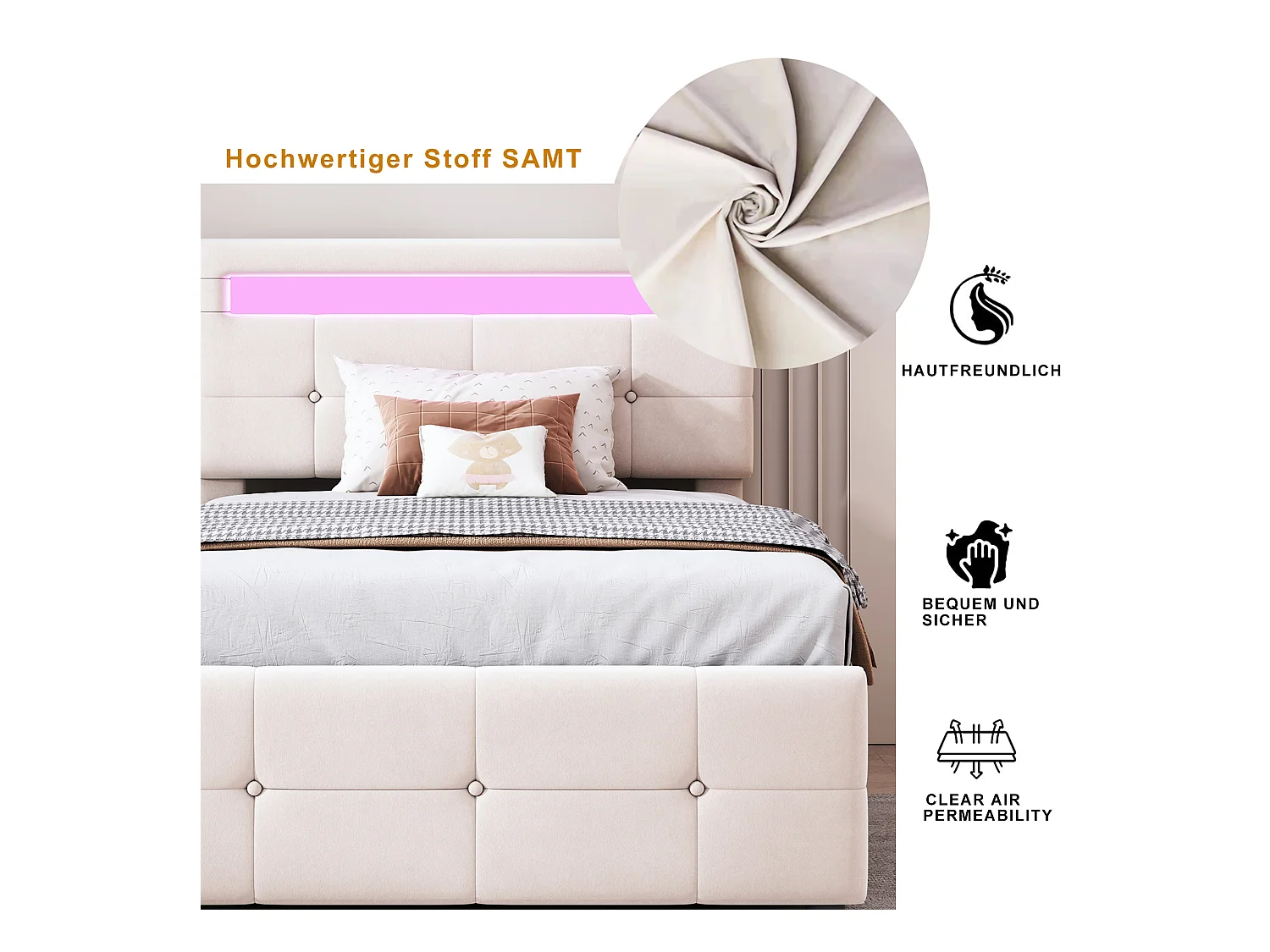 Lit enfant en velours 90x200 cm, éclairage LED, coffre hydraulique, tête de lit réglable, lit coffre simple, beige (203x90x105 cm)