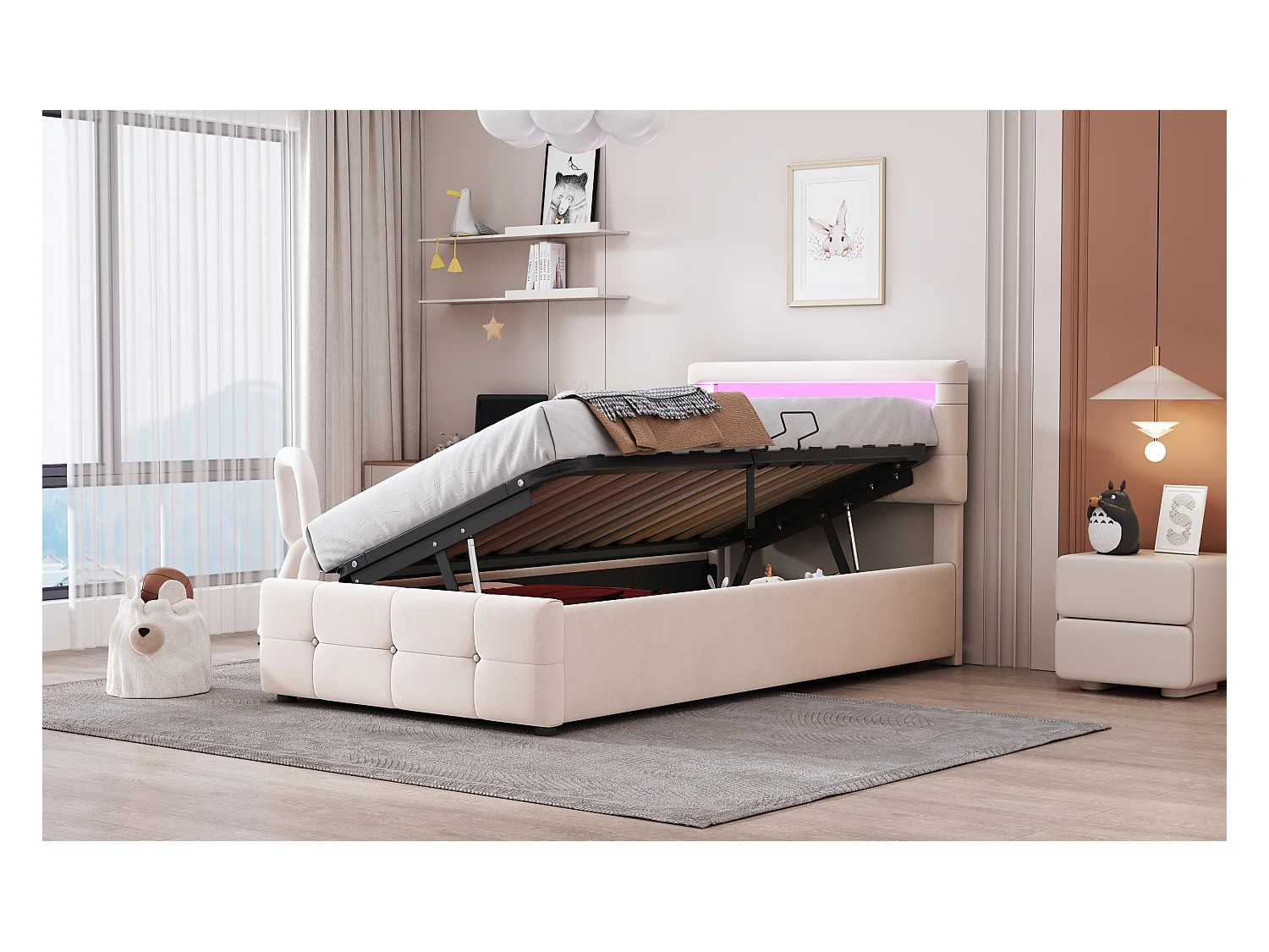 Lit enfant en velours 90x200 cm, éclairage LED, coffre hydraulique, tête de lit réglable, lit coffre simple, beige (203x90x105 cm)