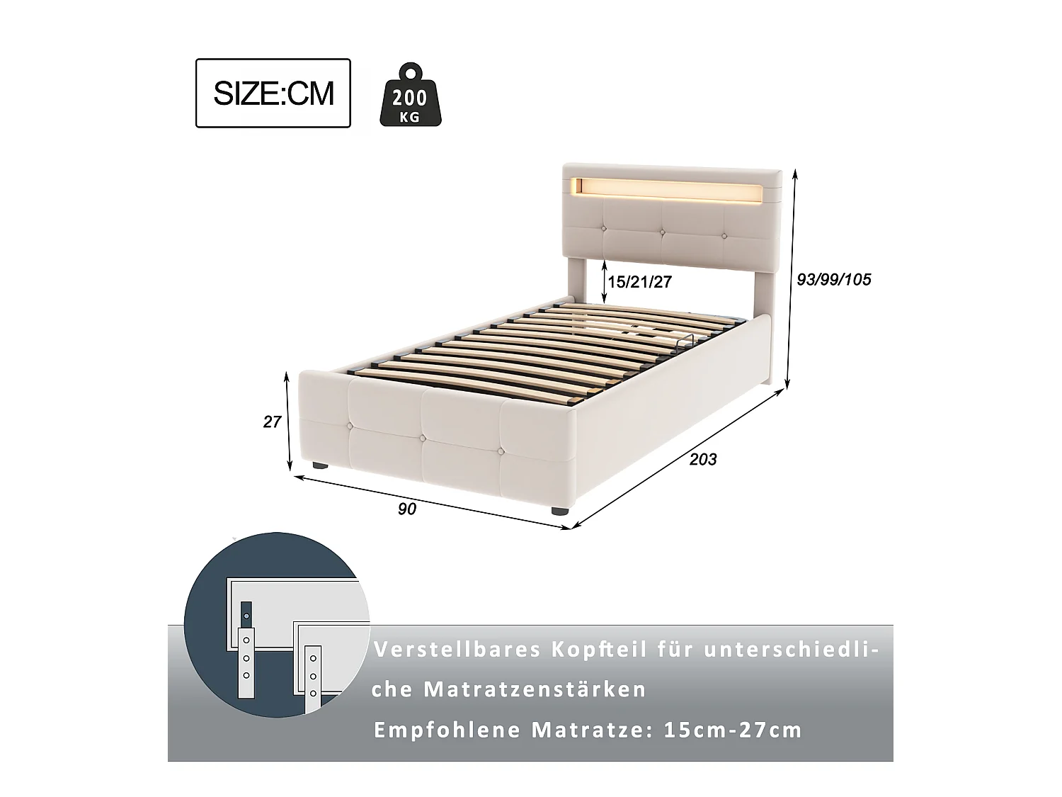 Lit enfant en velours 90x200 cm, éclairage LED, coffre hydraulique, tête de lit réglable, lit coffre simple, beige (203x90x105 cm)