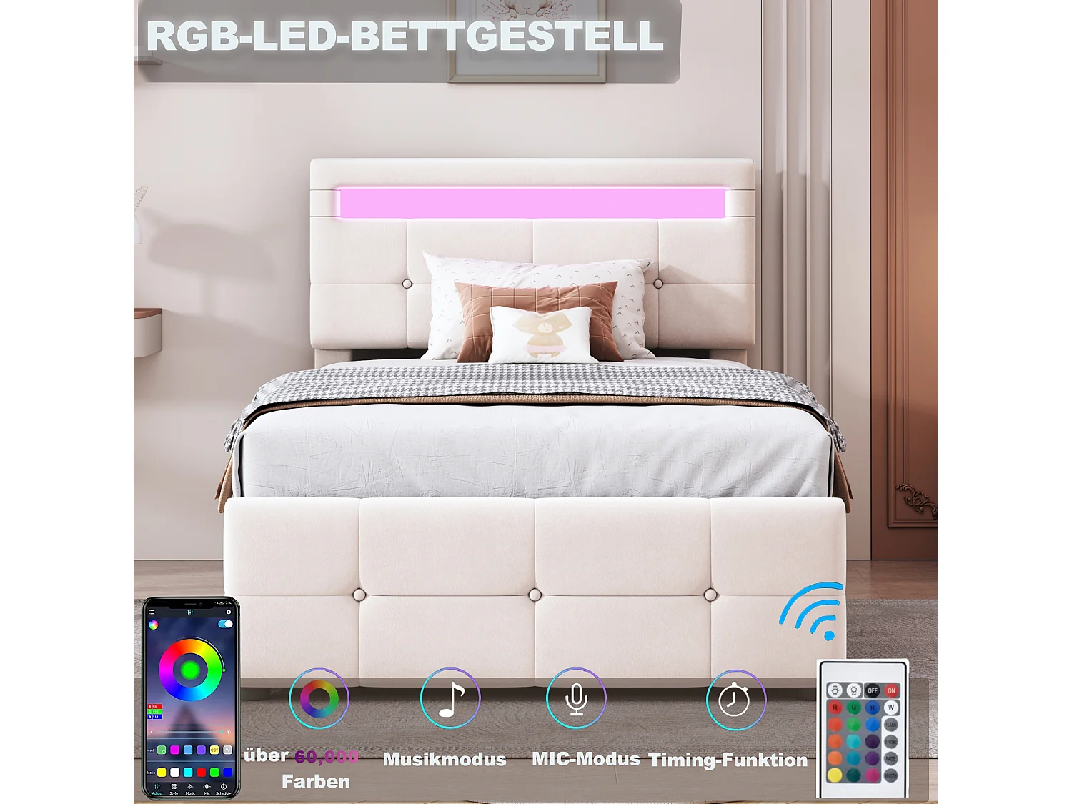 Lit enfant en velours 90x200 cm, éclairage LED, coffre hydraulique, tête de lit réglable, lit coffre simple, beige (203x90x105 cm)