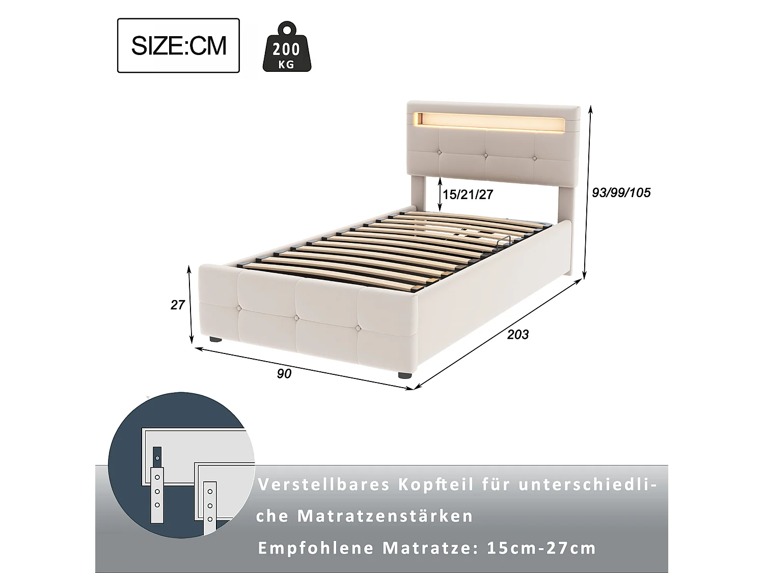 Lit enfant en velours 90x200 cm, éclairage LED, coffre hydraulique, tête de lit réglable, lit coffre simple, beige (203x90x105 cm)