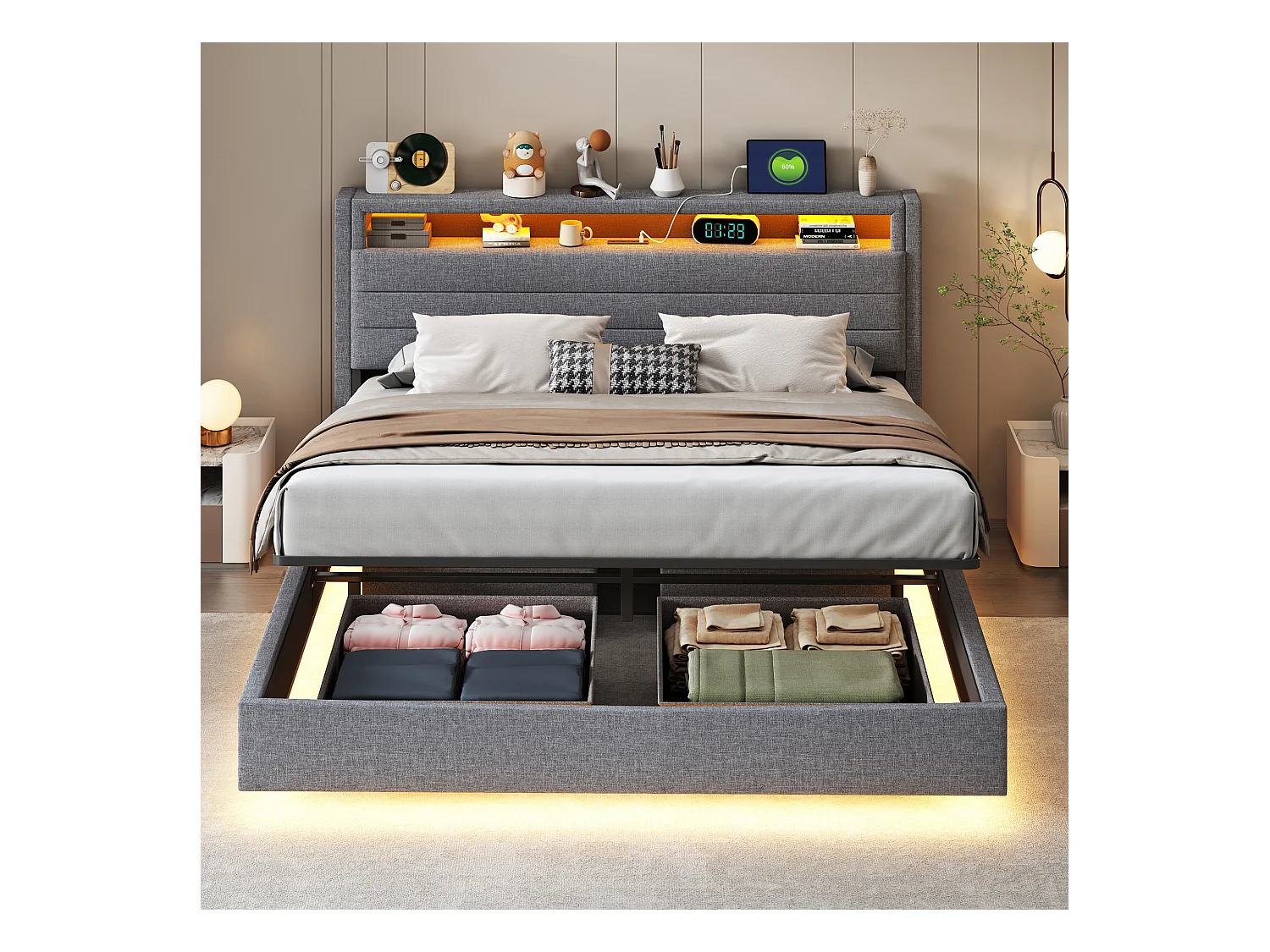 Lit avec tête inclinable 160x200 cm, cadre flottant hydraulique avec rangement, USB et LED, tissu gris (214x161x110 cm)