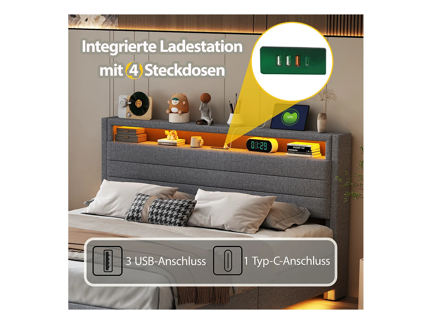 Lit avec tête inclinable 160x200 cm, cadre flottant hydraulique avec rangement, USB et LED, tissu gris (214x161x110 cm)