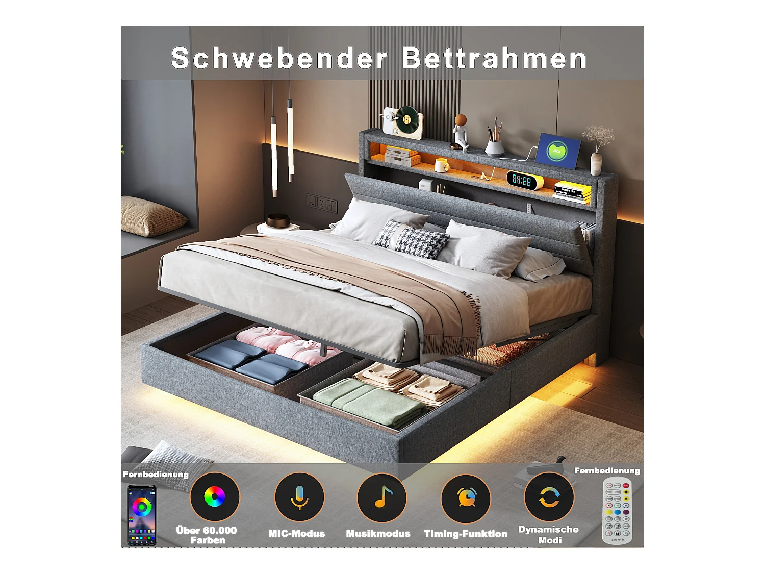 Lit avec tête inclinable 160x200 cm, cadre flottant hydraulique avec rangement, USB et LED, tissu gris (214x161x110 cm)