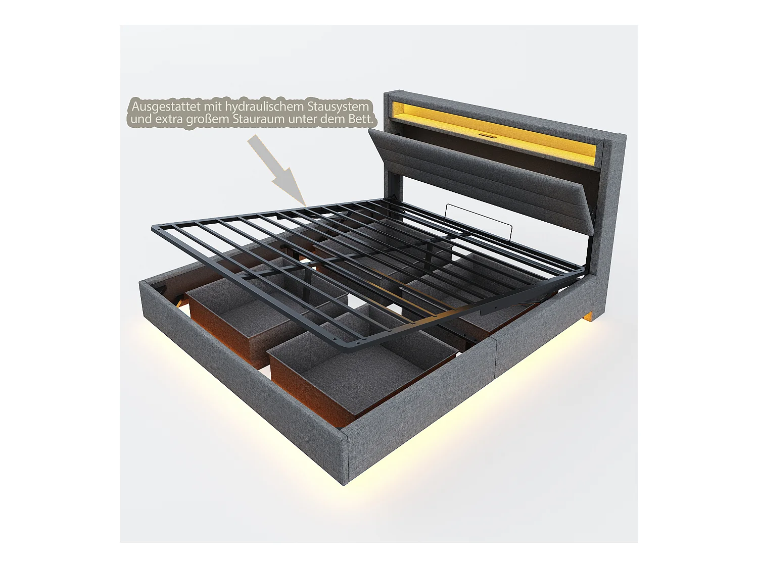 Lit avec tête inclinable 160x200 cm, cadre flottant hydraulique avec rangement, USB et LED, tissu gris (214x161x110 cm)