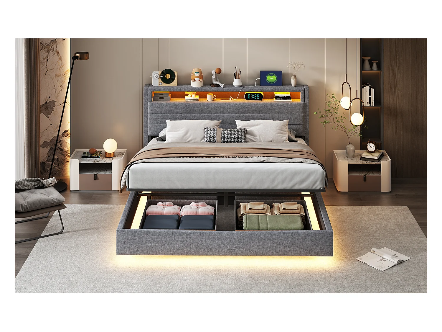 Lit avec tête inclinable 160x200 cm, cadre flottant hydraulique avec rangement, USB et LED, tissu gris (214x161x110 cm)