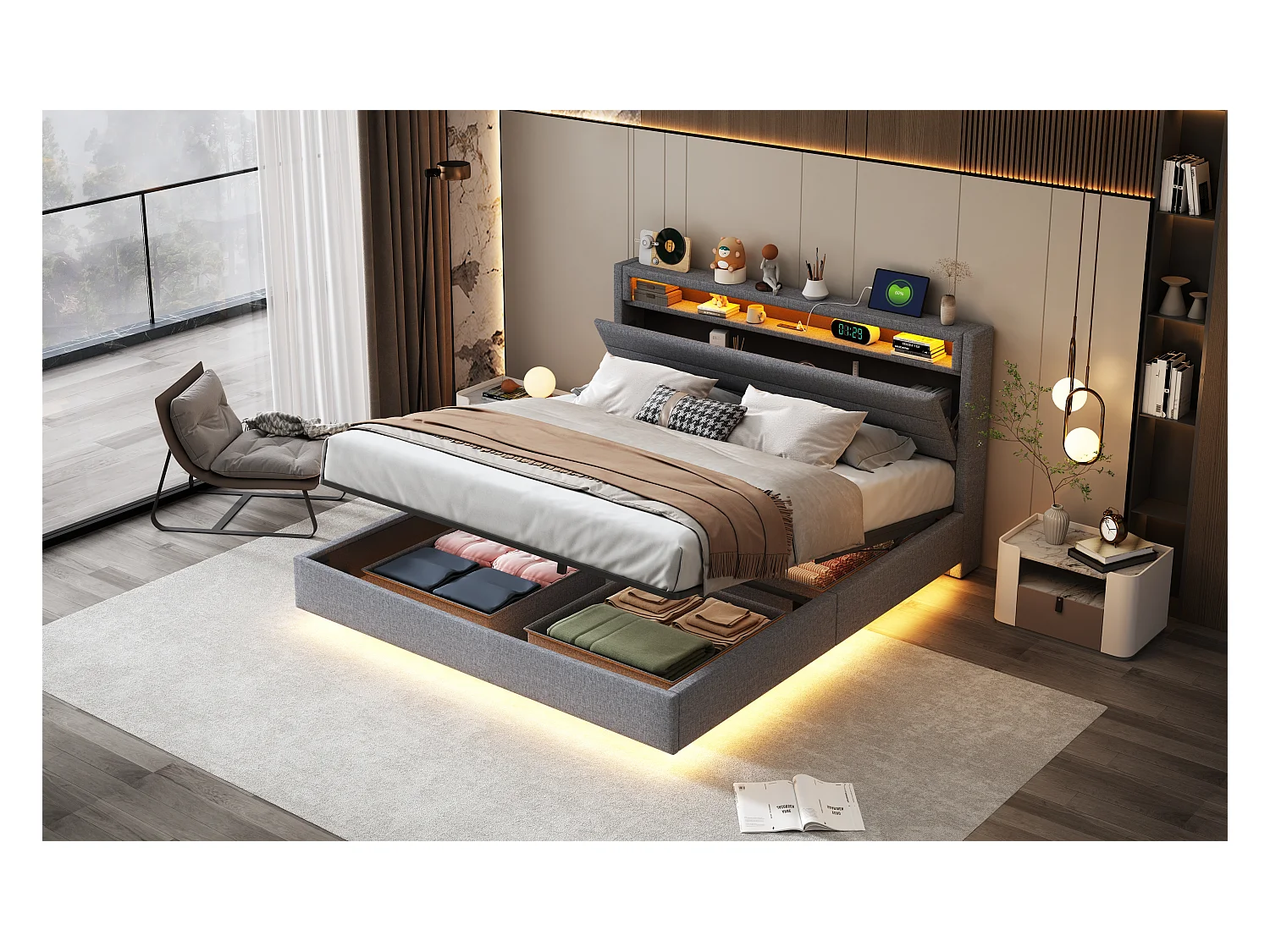 Lit avec tête inclinable 160x200 cm, cadre flottant hydraulique avec rangement, USB et LED, tissu gris (214x161x110 cm)