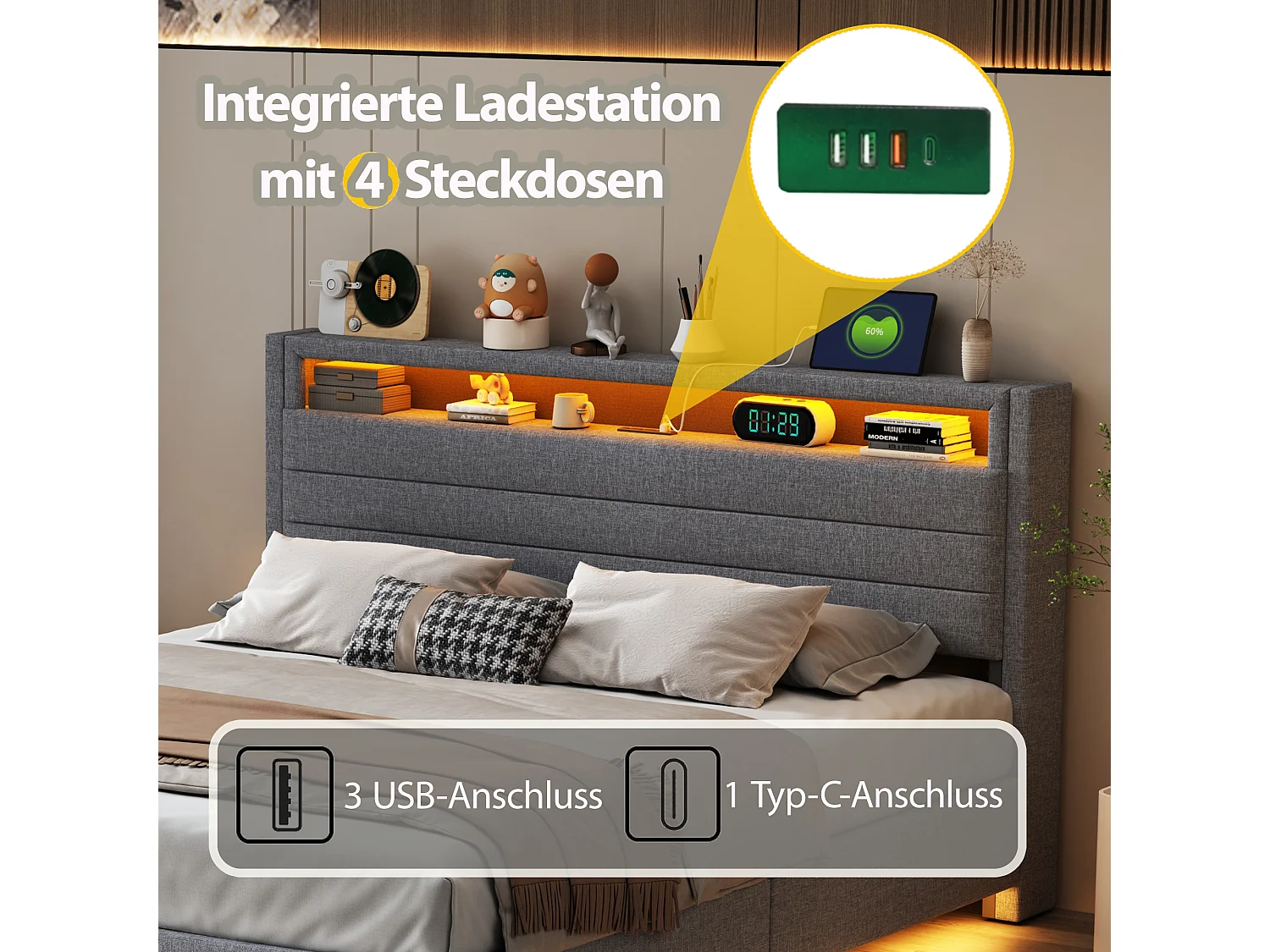 Lit avec tête inclinable 160x200 cm, cadre flottant hydraulique avec rangement, USB et LED, tissu gris (214x161x110 cm)