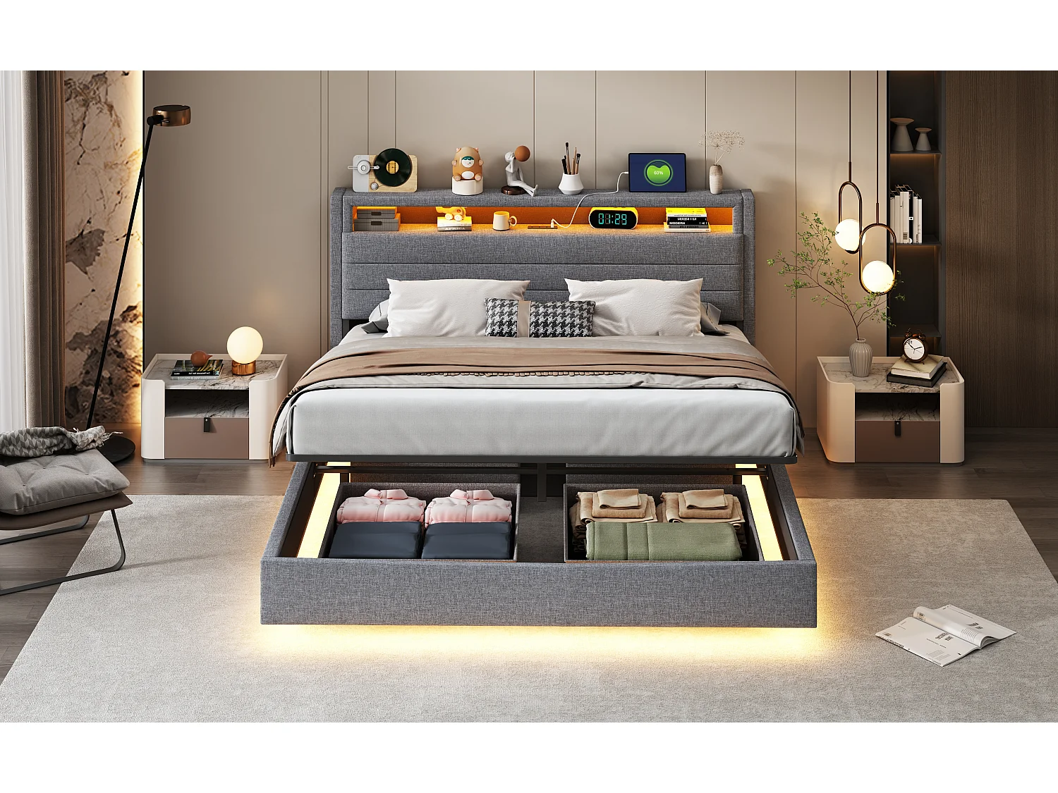 Lit avec tête inclinable 160x200 cm, cadre flottant hydraulique avec rangement, USB et LED, tissu gris (214x161x110 cm)