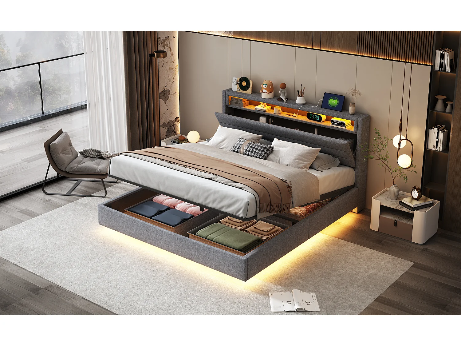 Lit avec tête inclinable 160x200 cm, cadre flottant hydraulique avec rangement, USB et LED, tissu gris (214x161x110 cm)