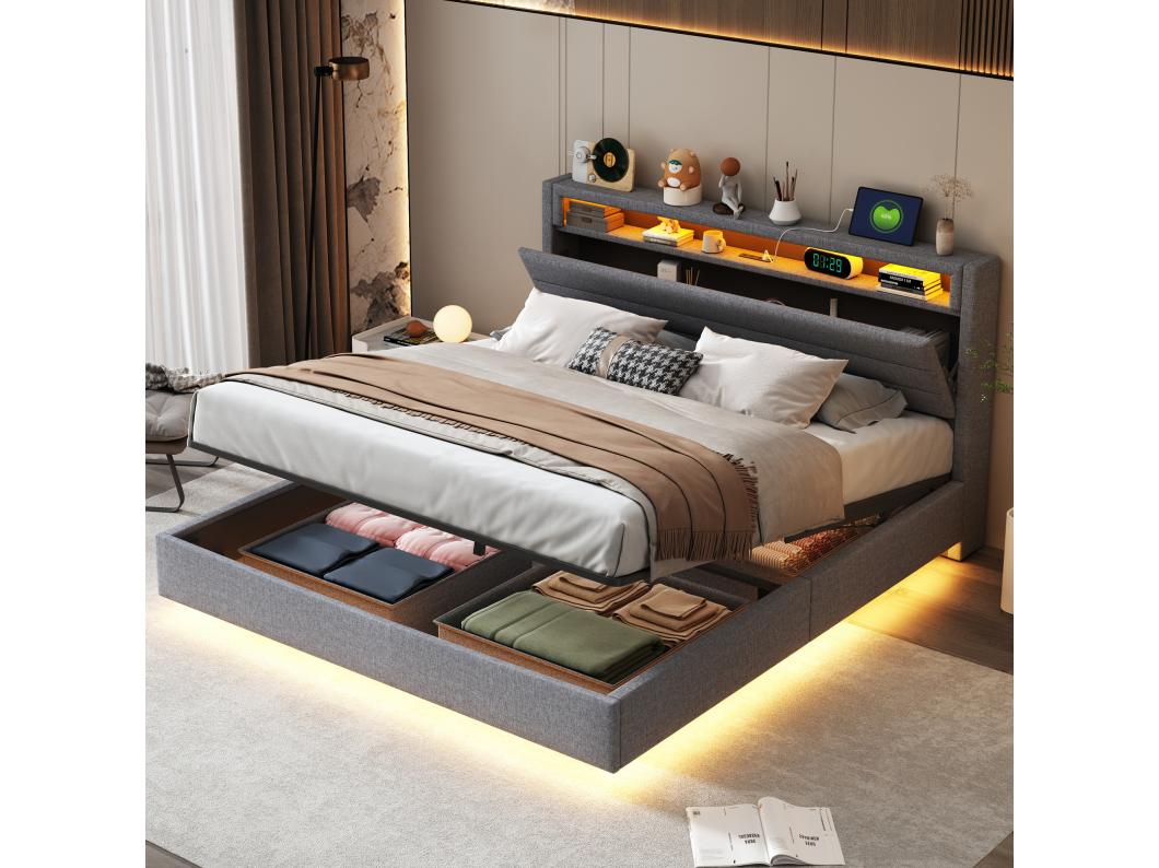 Letto con testiera reclinabile 160x200 cm, rete flottante idraulica con contenitore, USB e LED, tessuto grigio (214x161x110 cm)