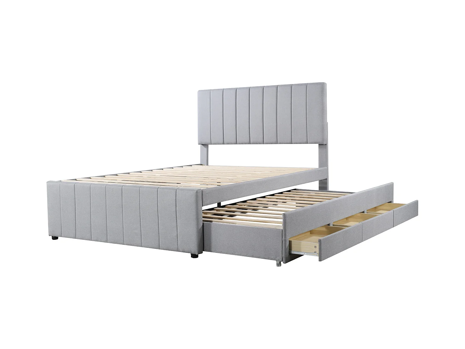 Lit multifonction 140 x 200 cm avec lit gigogne et tiroirs, tissu lin beige (204x140x118 cm)