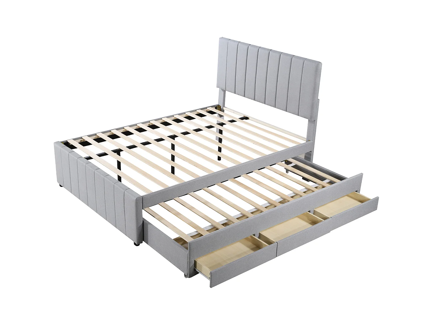 Lit multifonction 140 x 200 cm avec lit gigogne et tiroirs, tissu lin beige (204x140x118 cm)