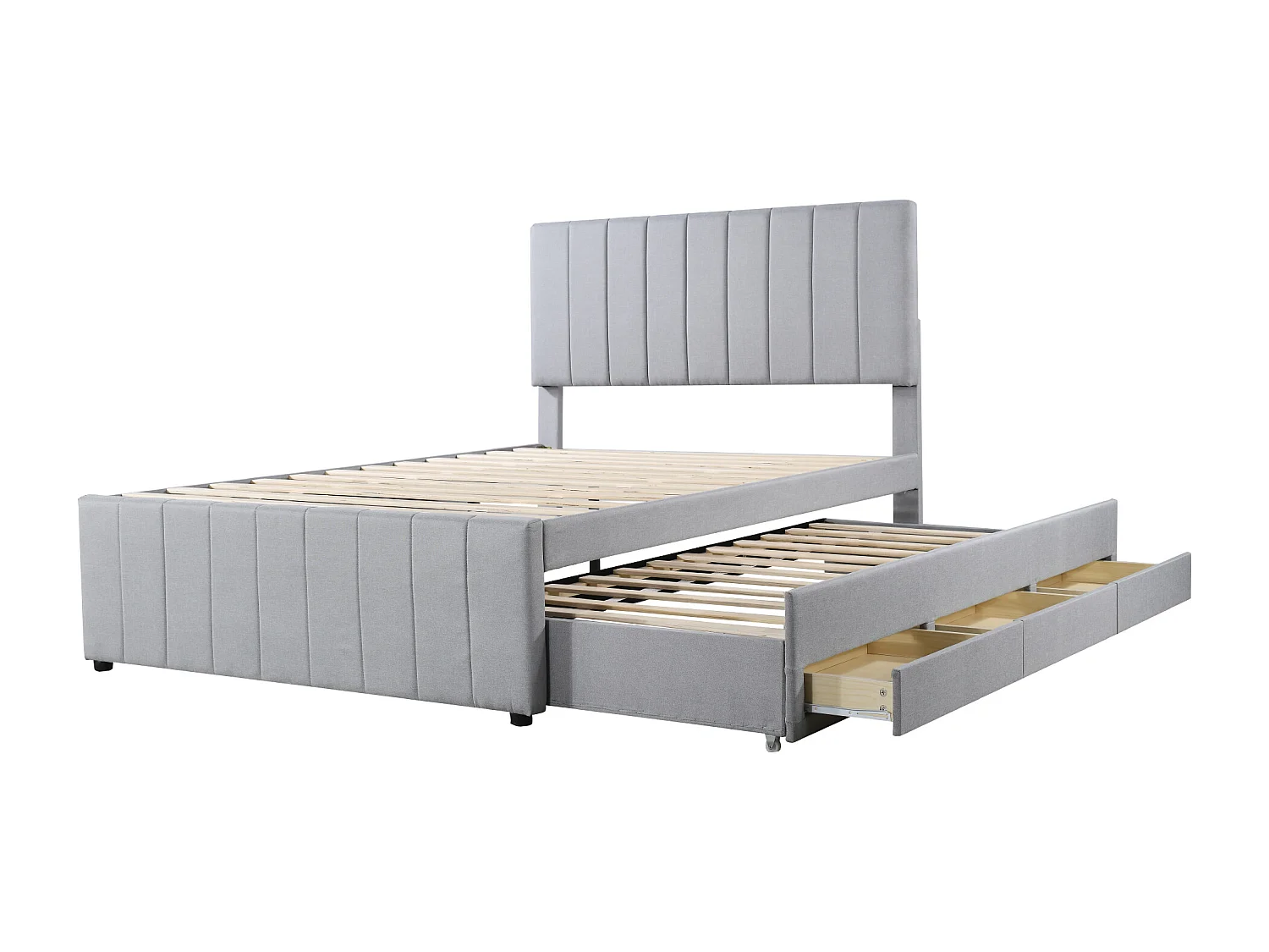 Lit multifonction 140 x 200 cm avec lit gigogne et tiroirs, tissu lin beige (204x140x118 cm)