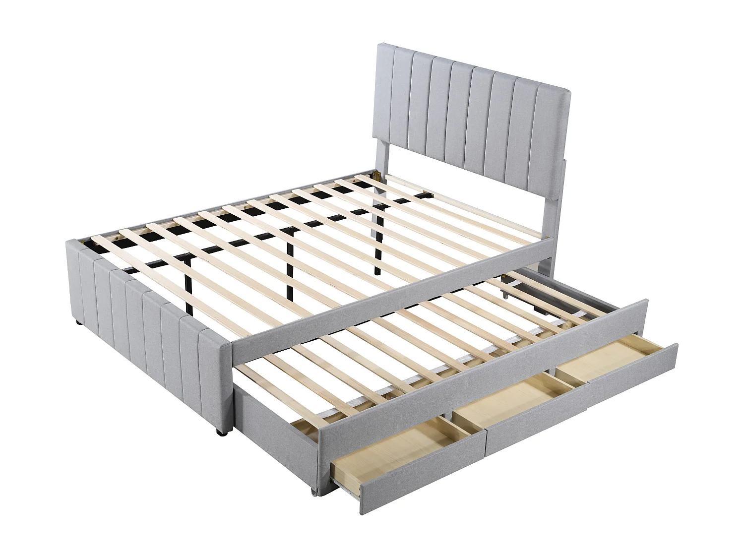 Lit multifonction 140 x 200 cm avec lit gigogne et tiroirs, tissu lin beige (204x140x118 cm)