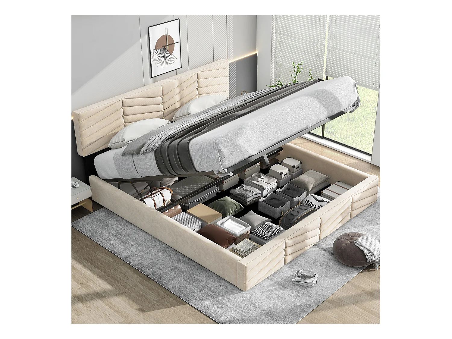 Gestoffeerd bed, met hoofdbord, knopen en klinknagels, fluweel, beige, 160x200 cm (165x205,5x90/95 cm)