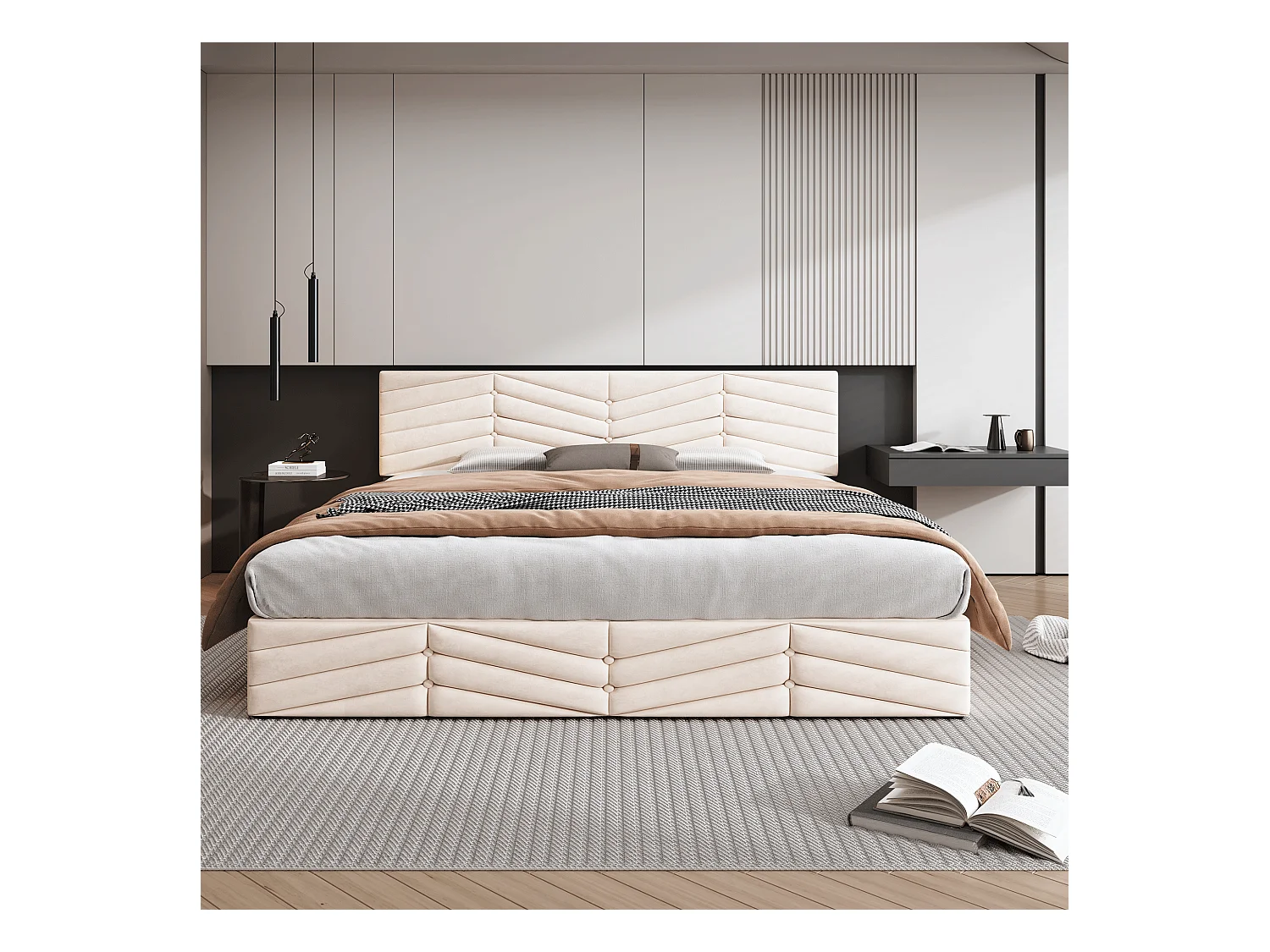 Gestoffeerd bed, met hoofdbord, knopen en klinknagels, fluweel, beige, 160x200 cm (165x205,5x90/95 cm)
