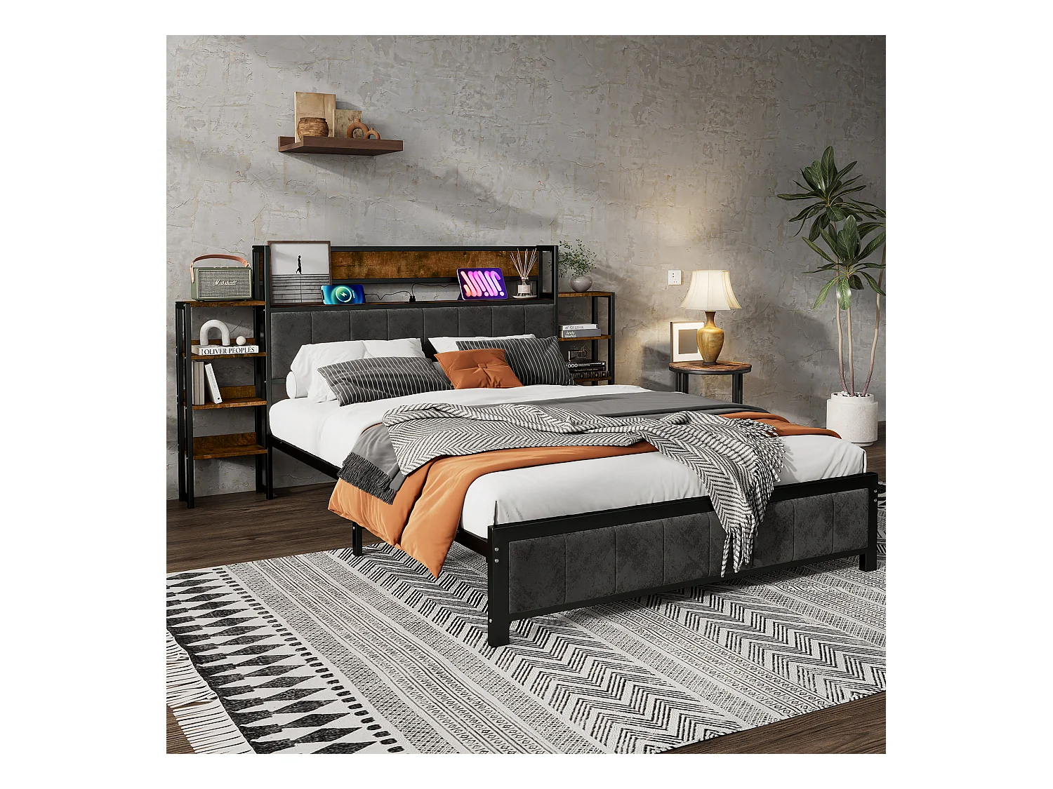 Cama de metal con almacenaje, cabecero con balda, 3 puertos USB, terciopelo negro, MDF + metal, Negro + Nogal, 140x200cm