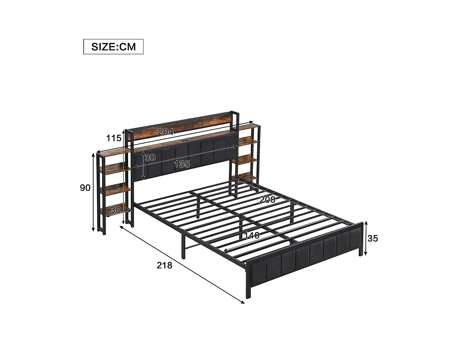 Cama de metal con almacenaje, cabecero con balda, 3 puertos USB, terciopelo negro, MDF + metal, Negro + Nogal, 140x200cm