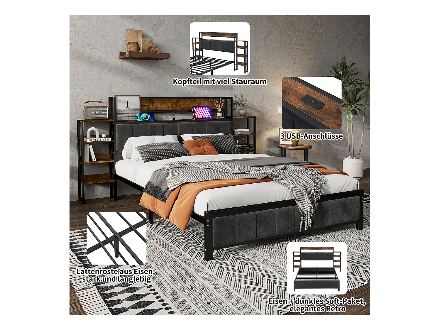 Cama de metal con almacenaje, cabecero con balda, 3 puertos USB, terciopelo negro, MDF + metal, Negro + Nogal, 140x200cm