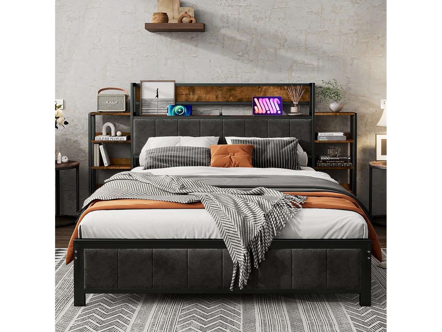 Lit métal avec rangement, tête de lit avec étagère, 3 ports USB, velours noir, MDF + métal, Noir + Noyer, 140x200cm