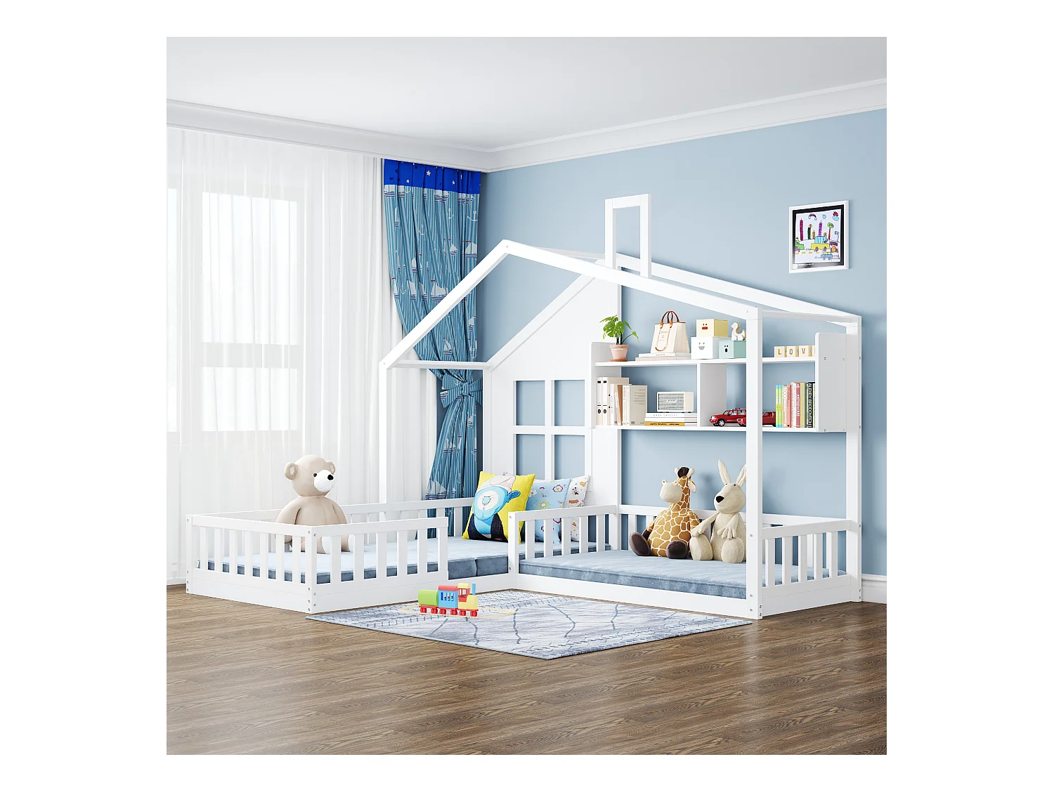 Letto per bambini a forma di casa con ripiani, sponde di sicurezza, base in legno massello, bianco, robusto (242,5x206x170,5cm)