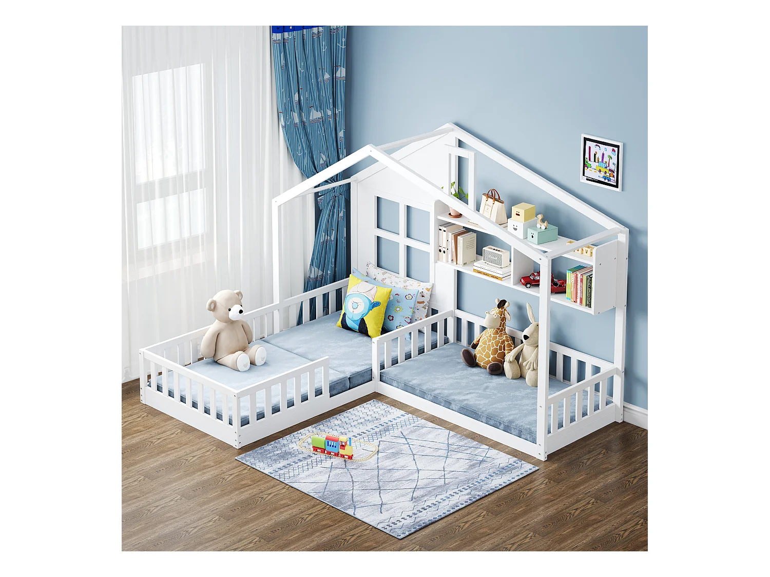 Letto per bambini a forma di casa con ripiani, sponde di sicurezza, base in legno massello, bianco, robusto (242,5x206x170,5cm)